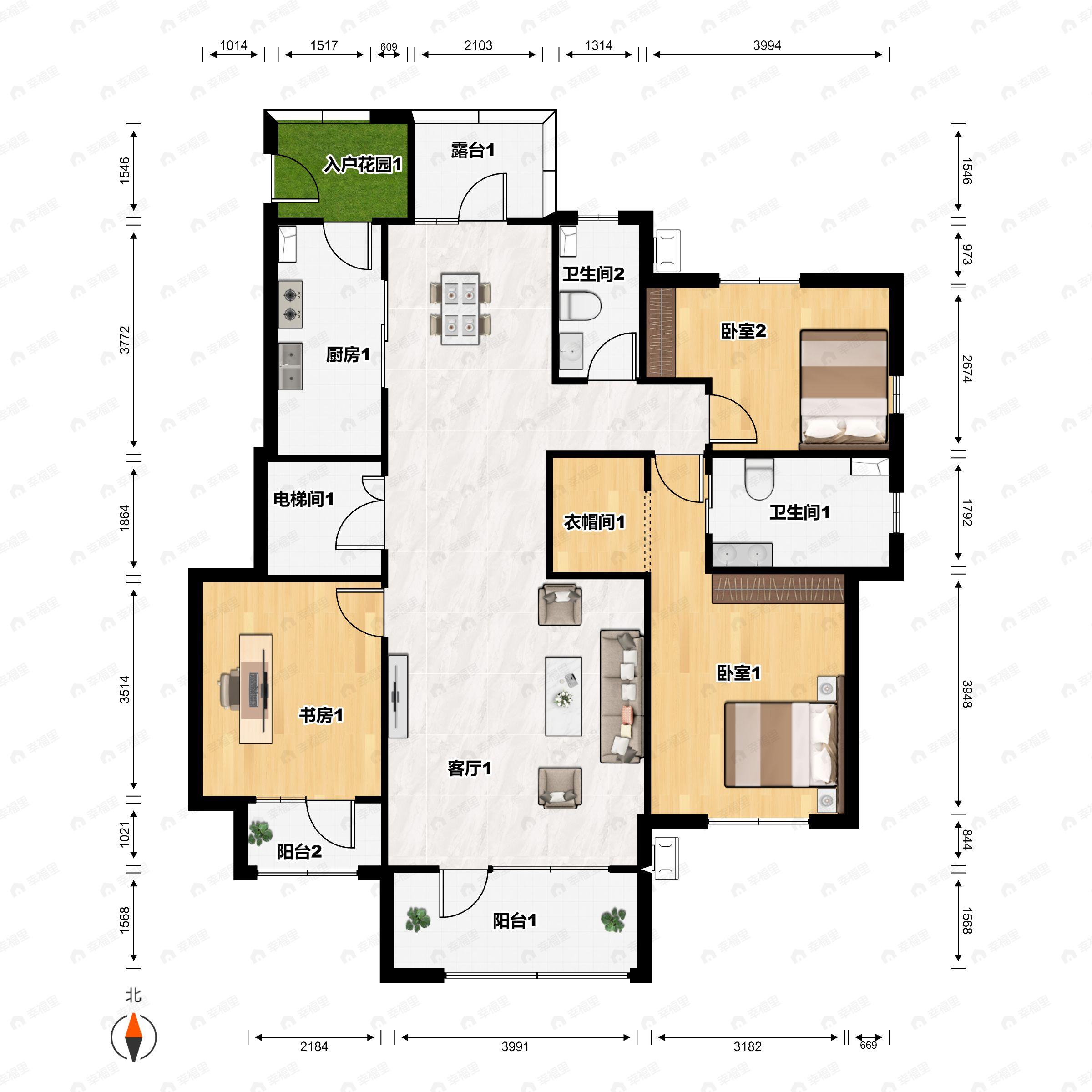 3室2厅2卫建面142平南户型图