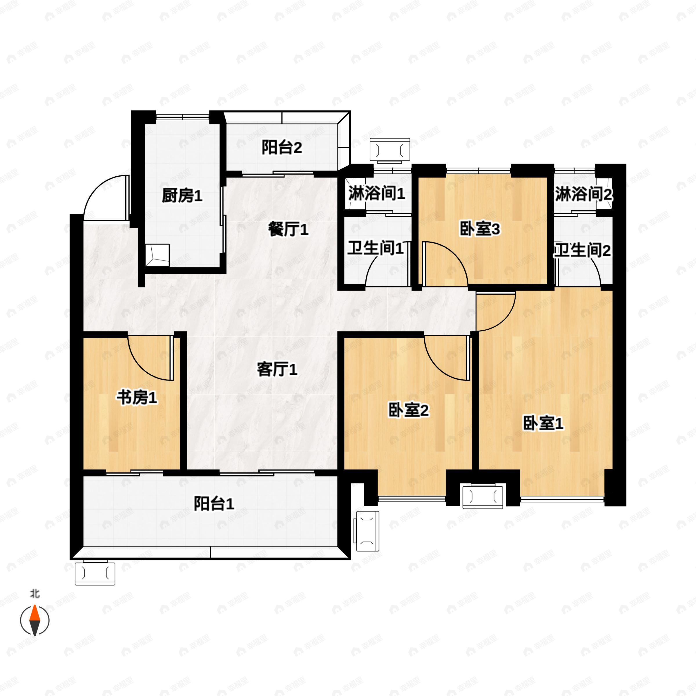 4室2厅2卫建面133平北|南户型图