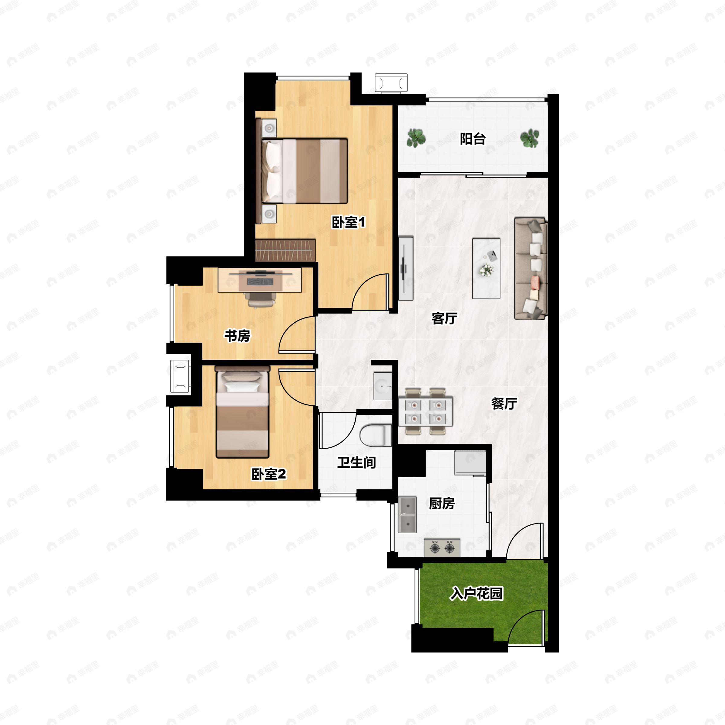 3室2厅1卫建面90m²西北户型图