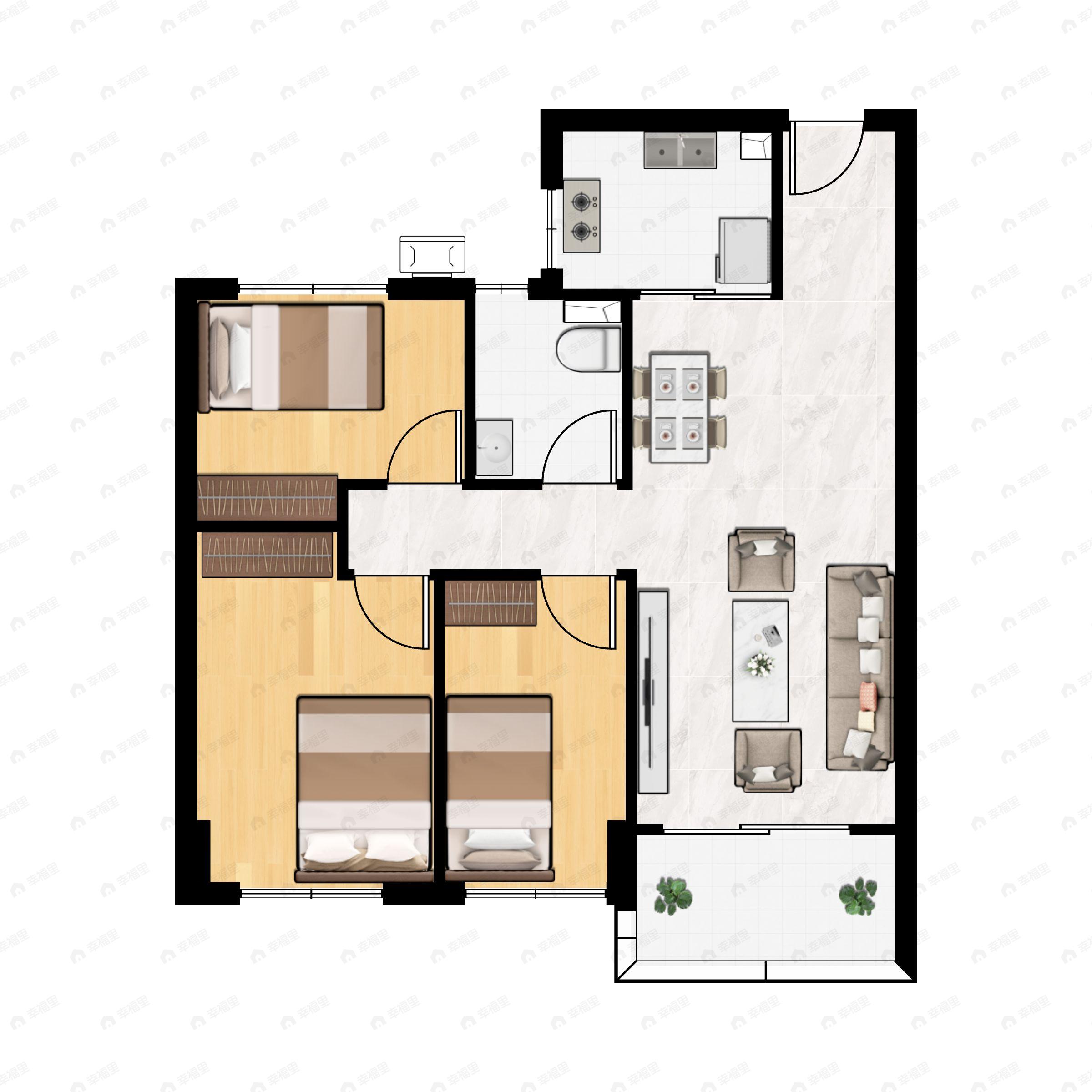 3室2厅1卫建面102平户型图