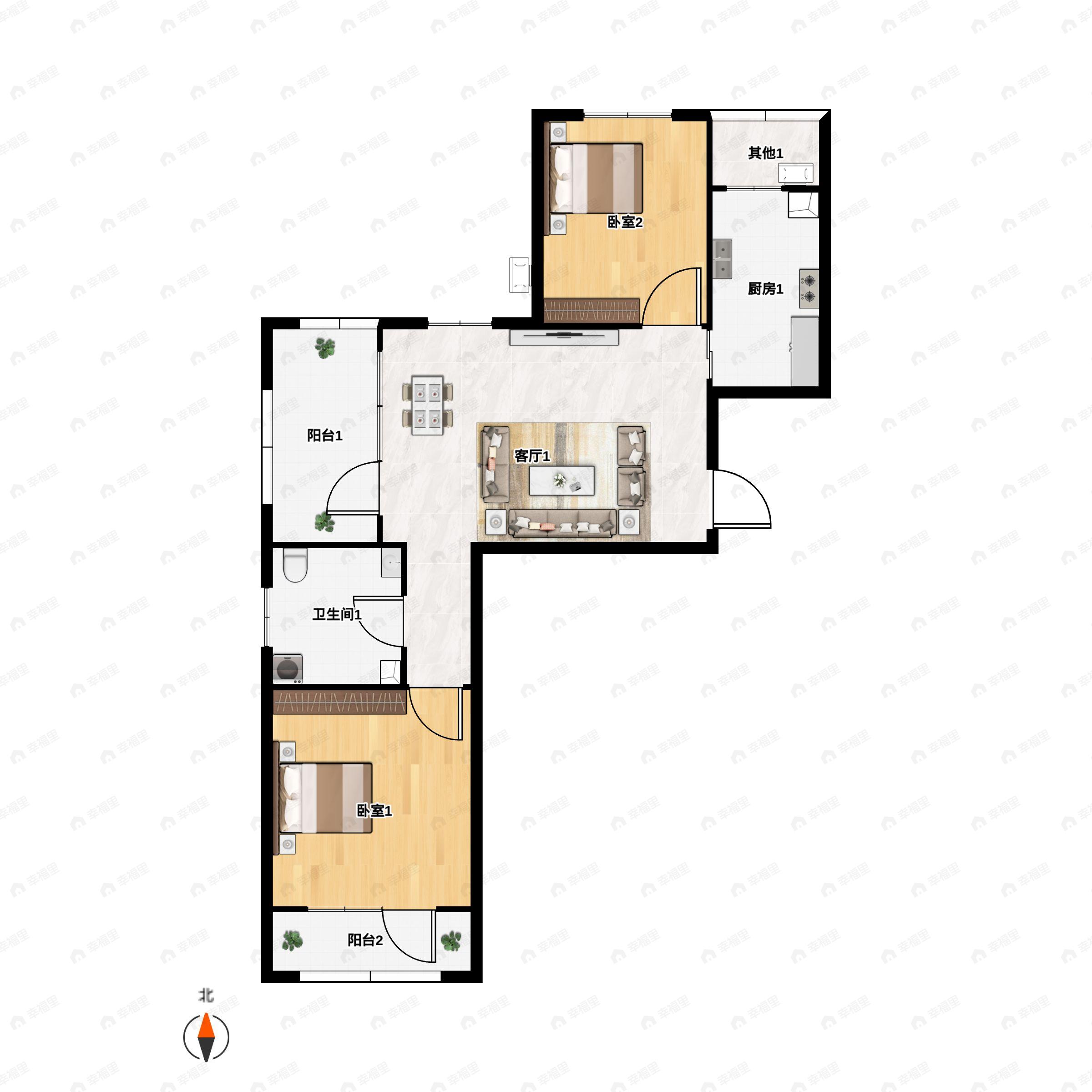 2室2厅1卫建面78平户型图