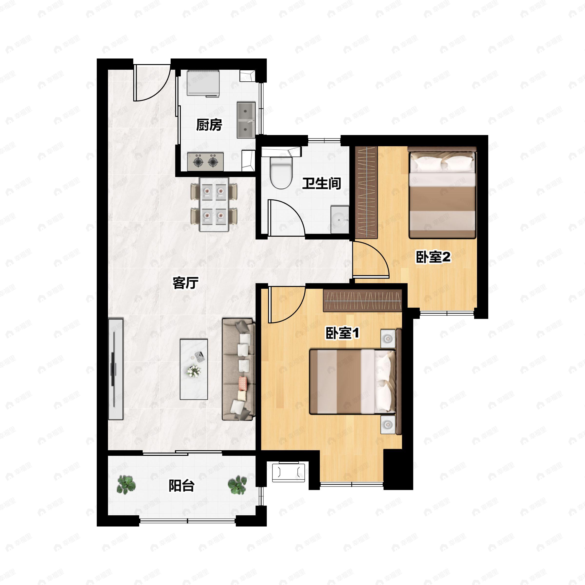 2室2厅1卫建面86m²南户型图