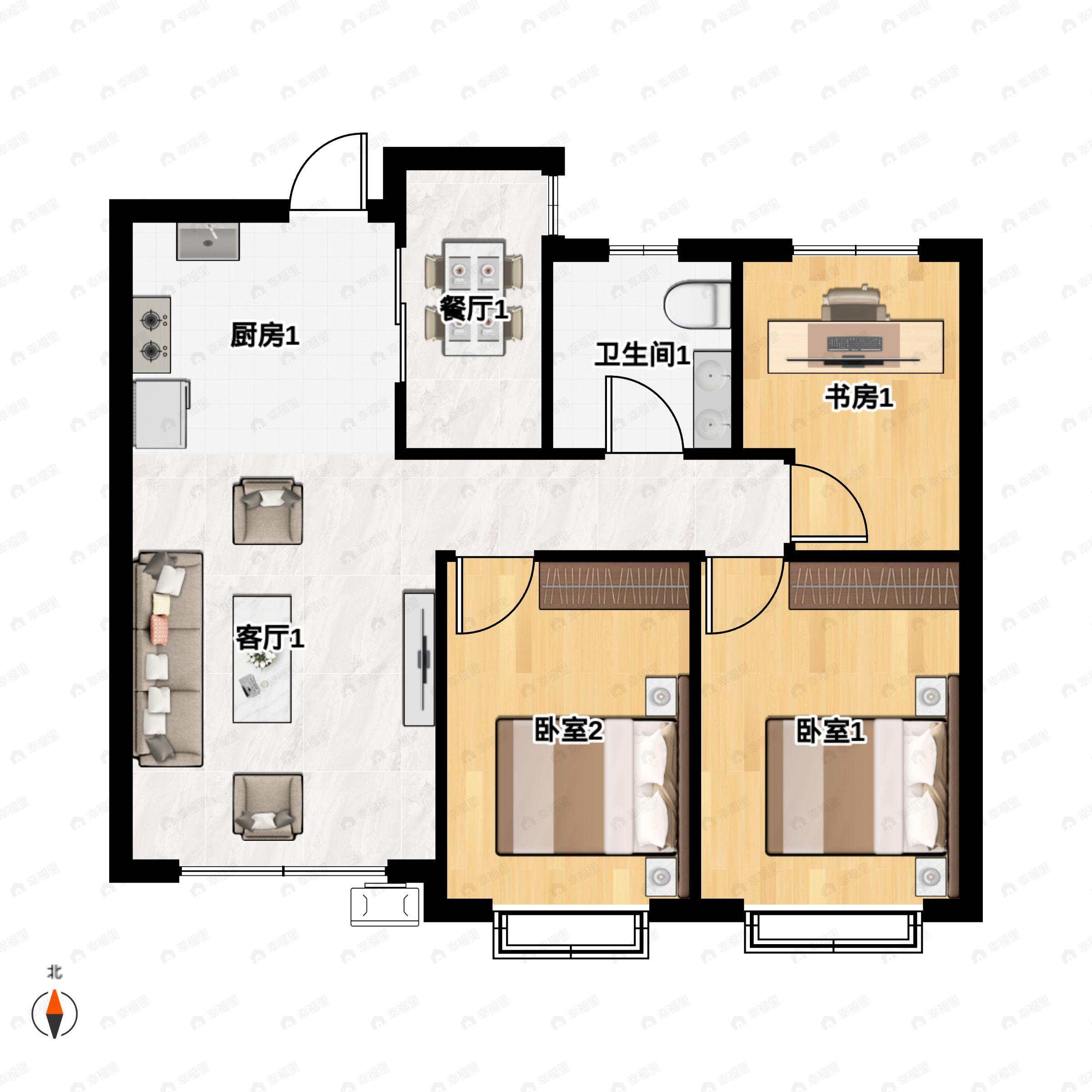 3室2厅1卫建面106m²南|北户型图