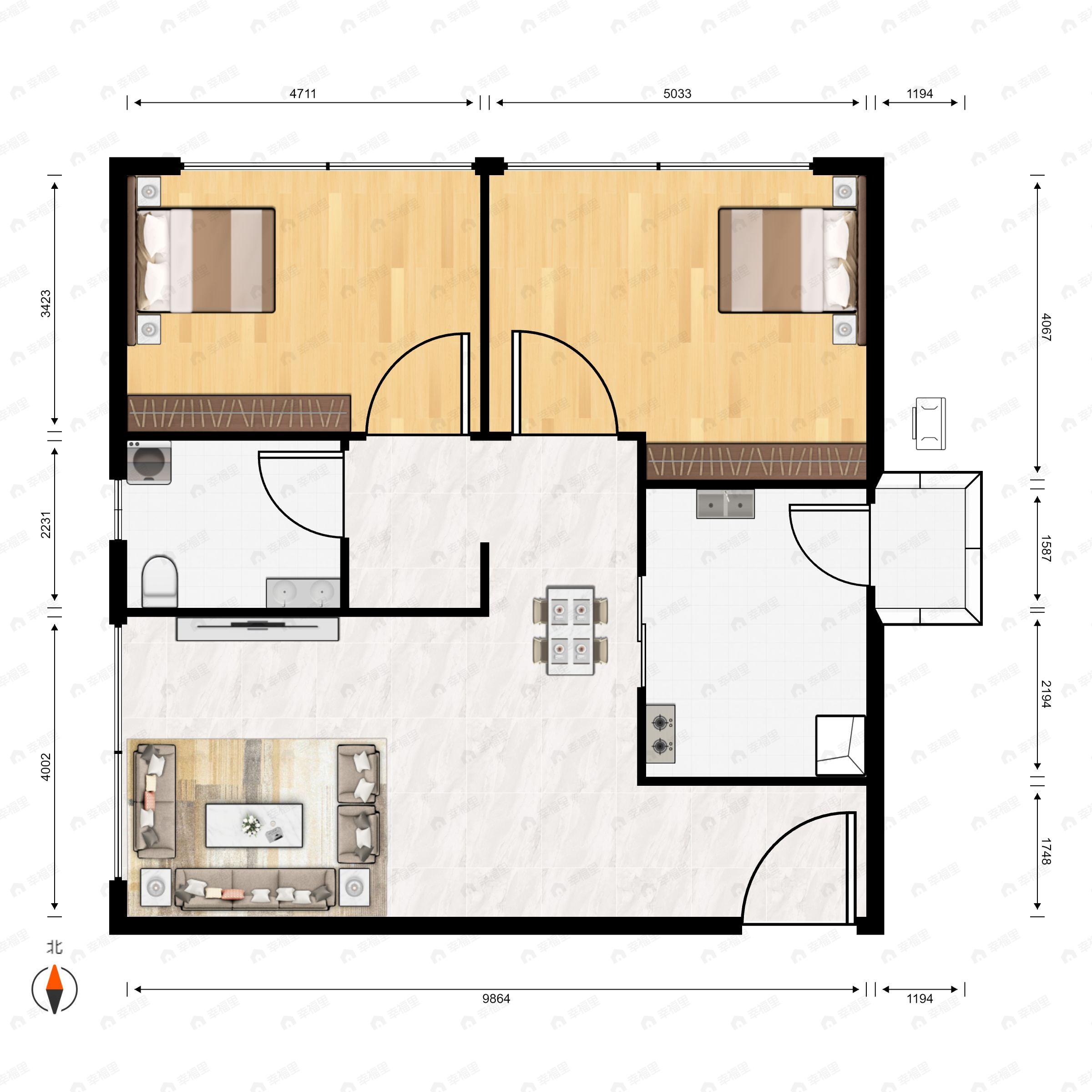 2室2厅1卫建面72平户型图