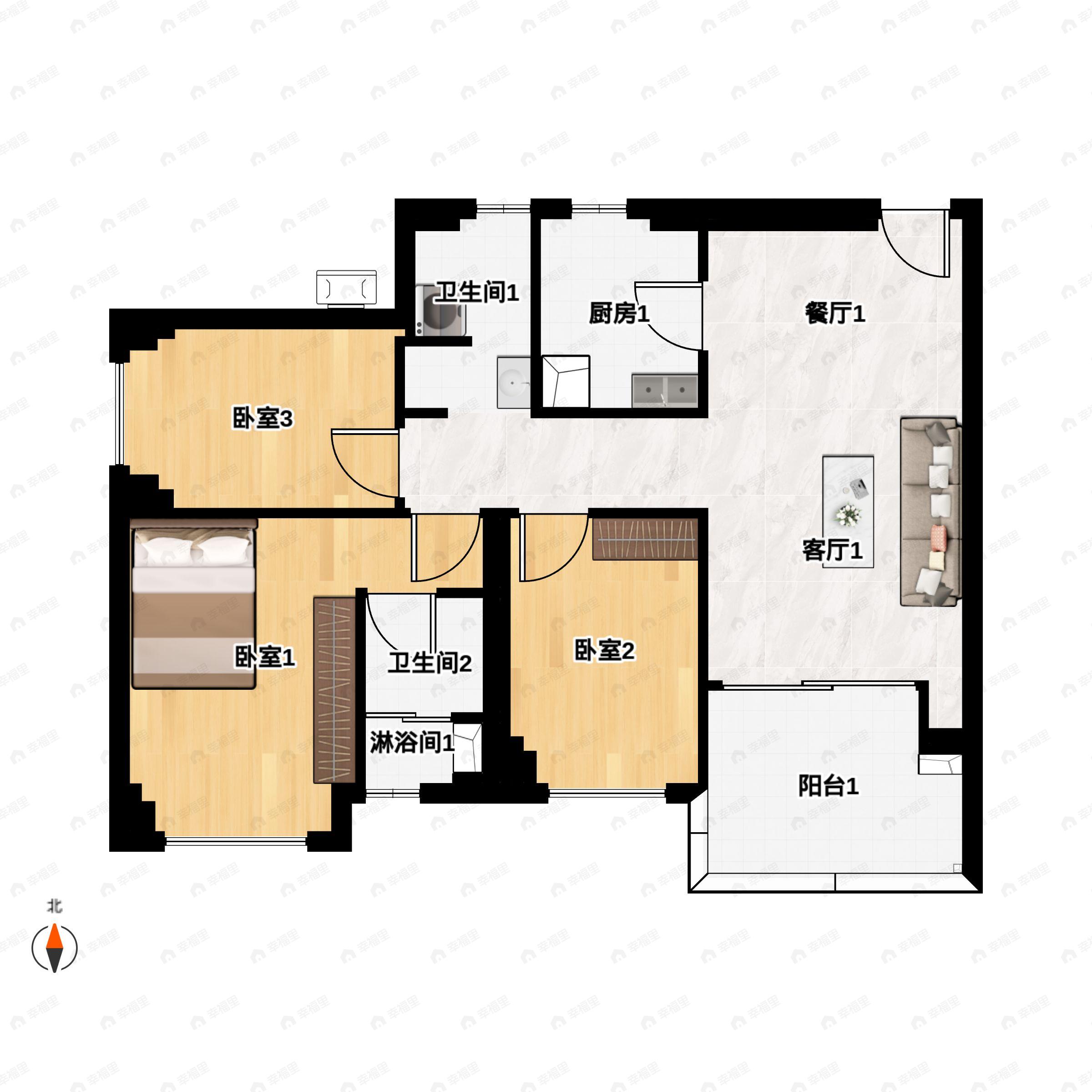 3室2厅2卫建面97平户型图