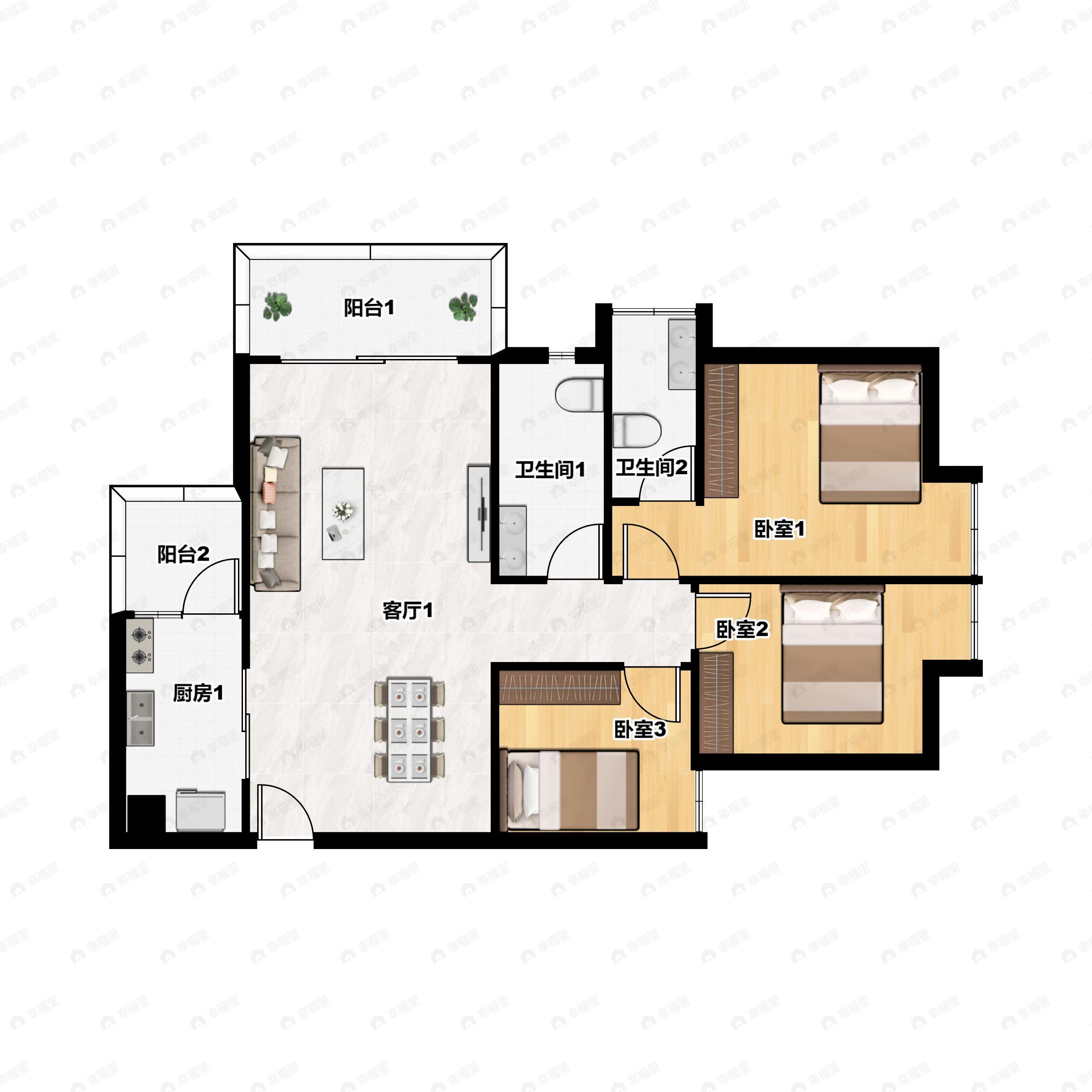 3室2厅2卫建面94平户型图