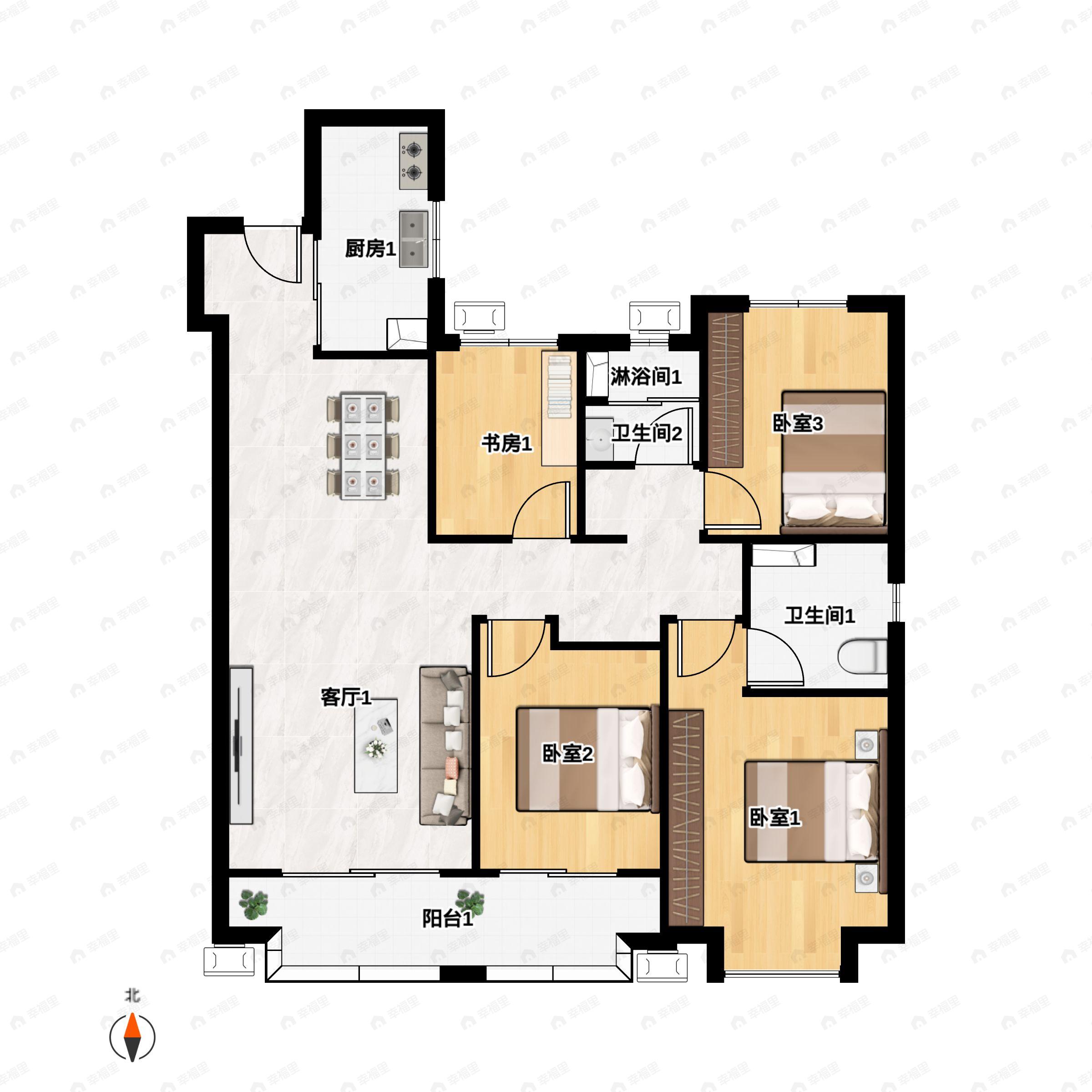 4室2厅2卫建面132平南户型图