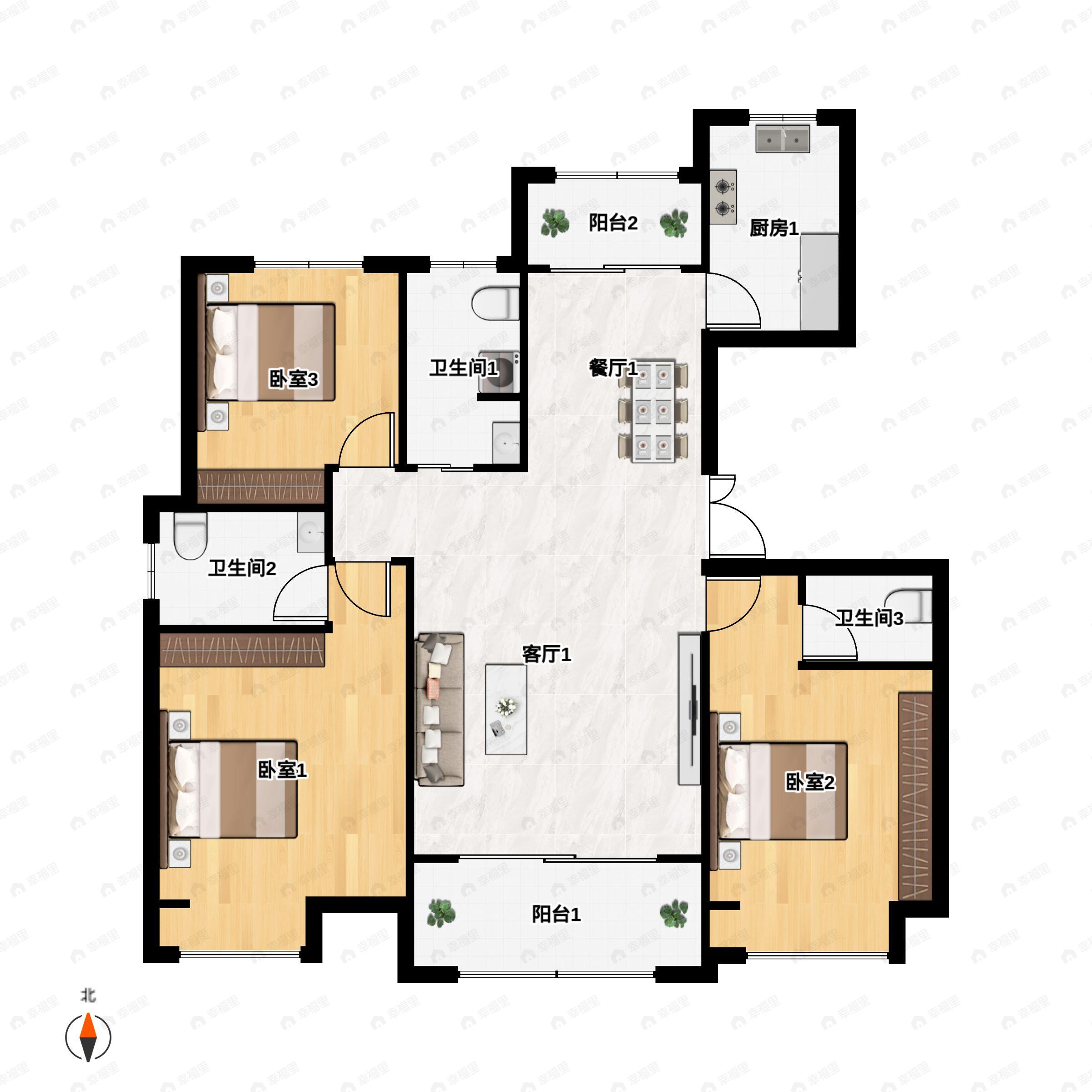 3室2厅3卫建面143平户型图