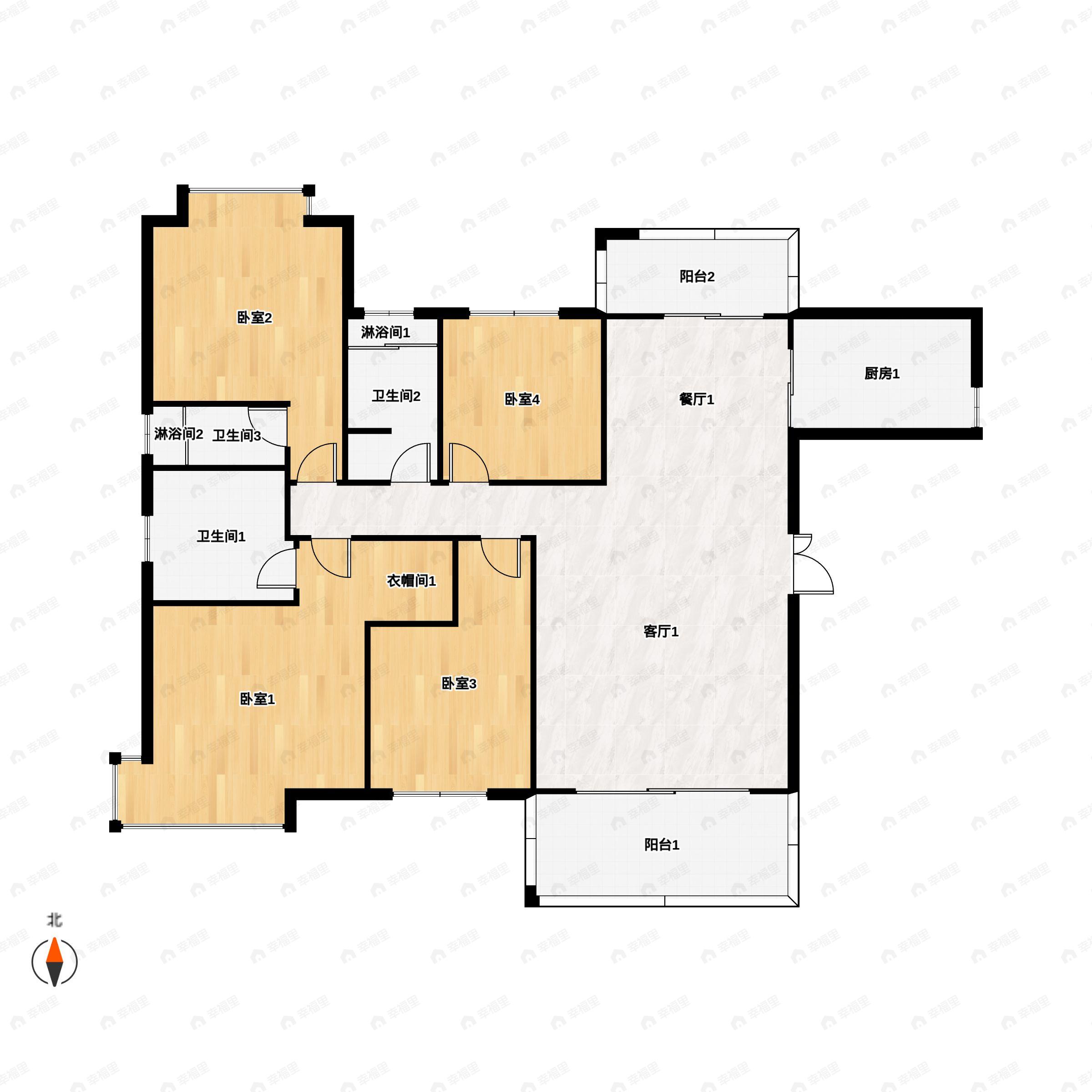 4室2厅4卫建面226平北|南户型图