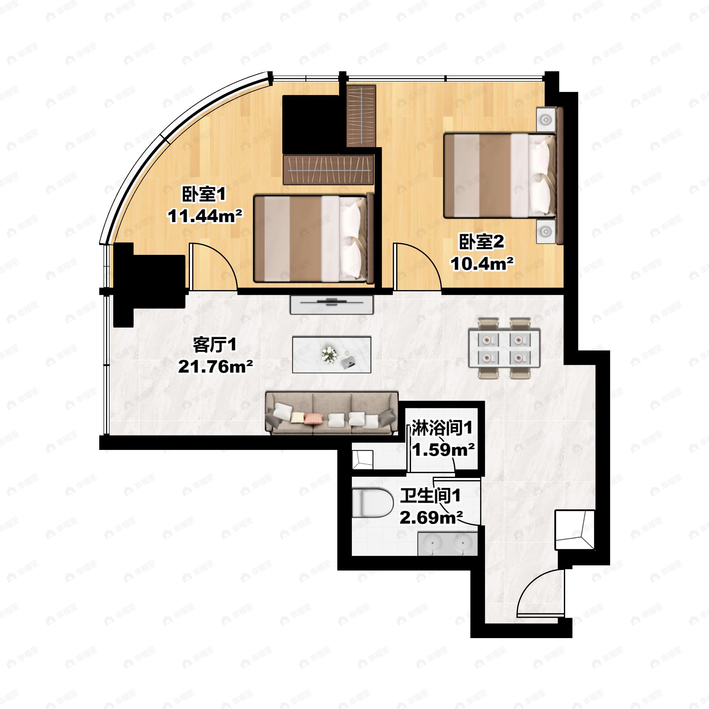 2室1厅1卫建面82平西北户型图