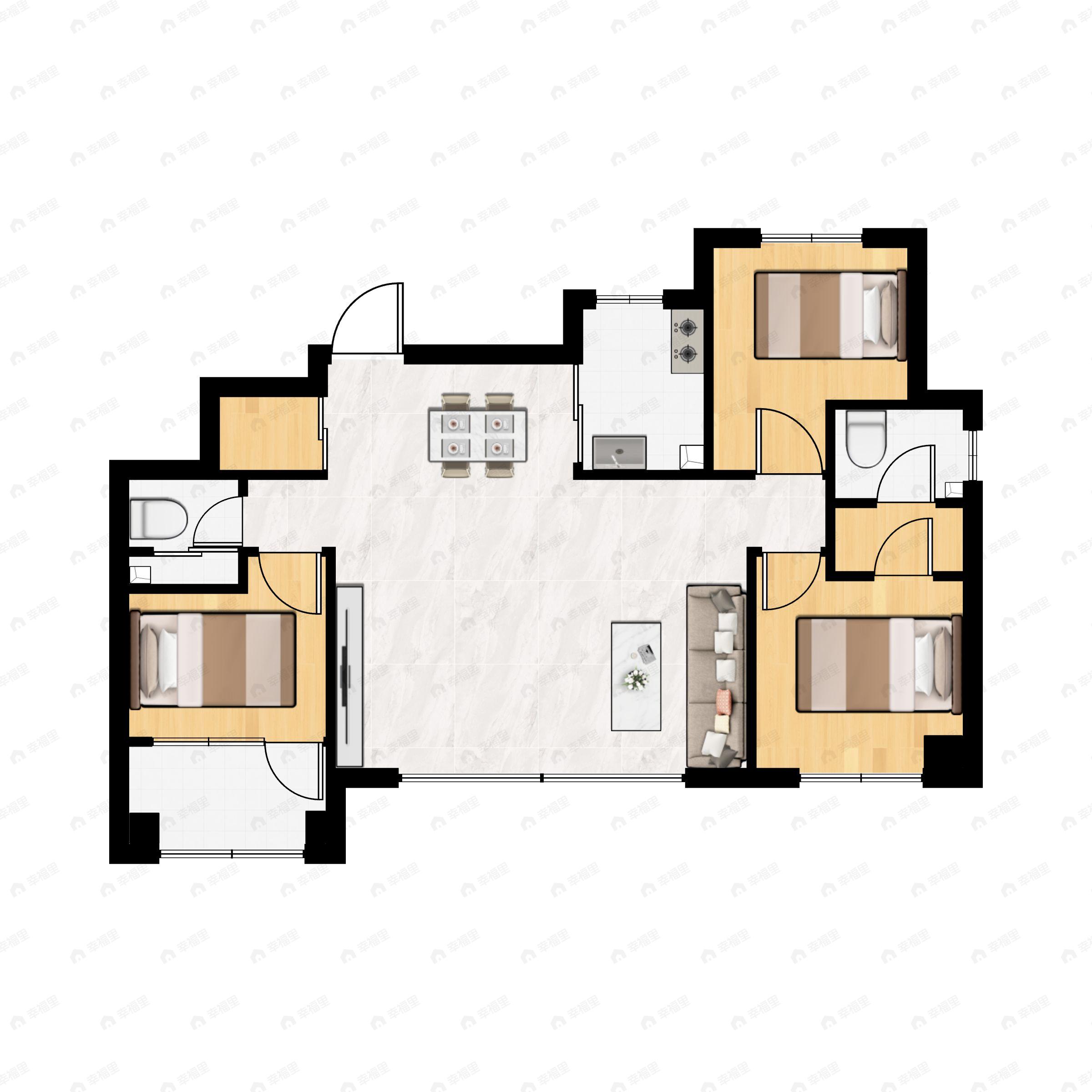 3室2厅2卫建面129m²南|北户型图