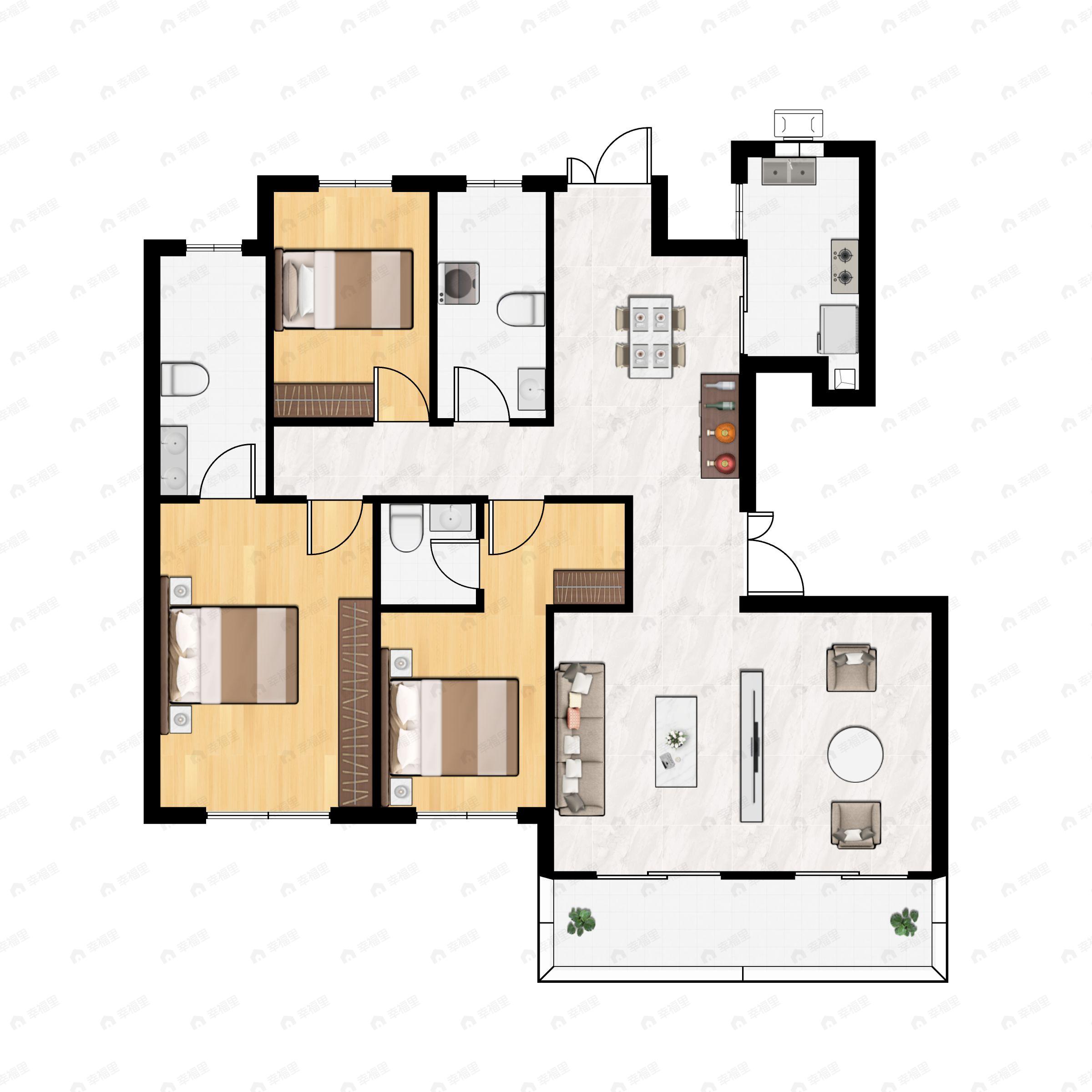 3室2厅3卫建面152m²南|北户型图