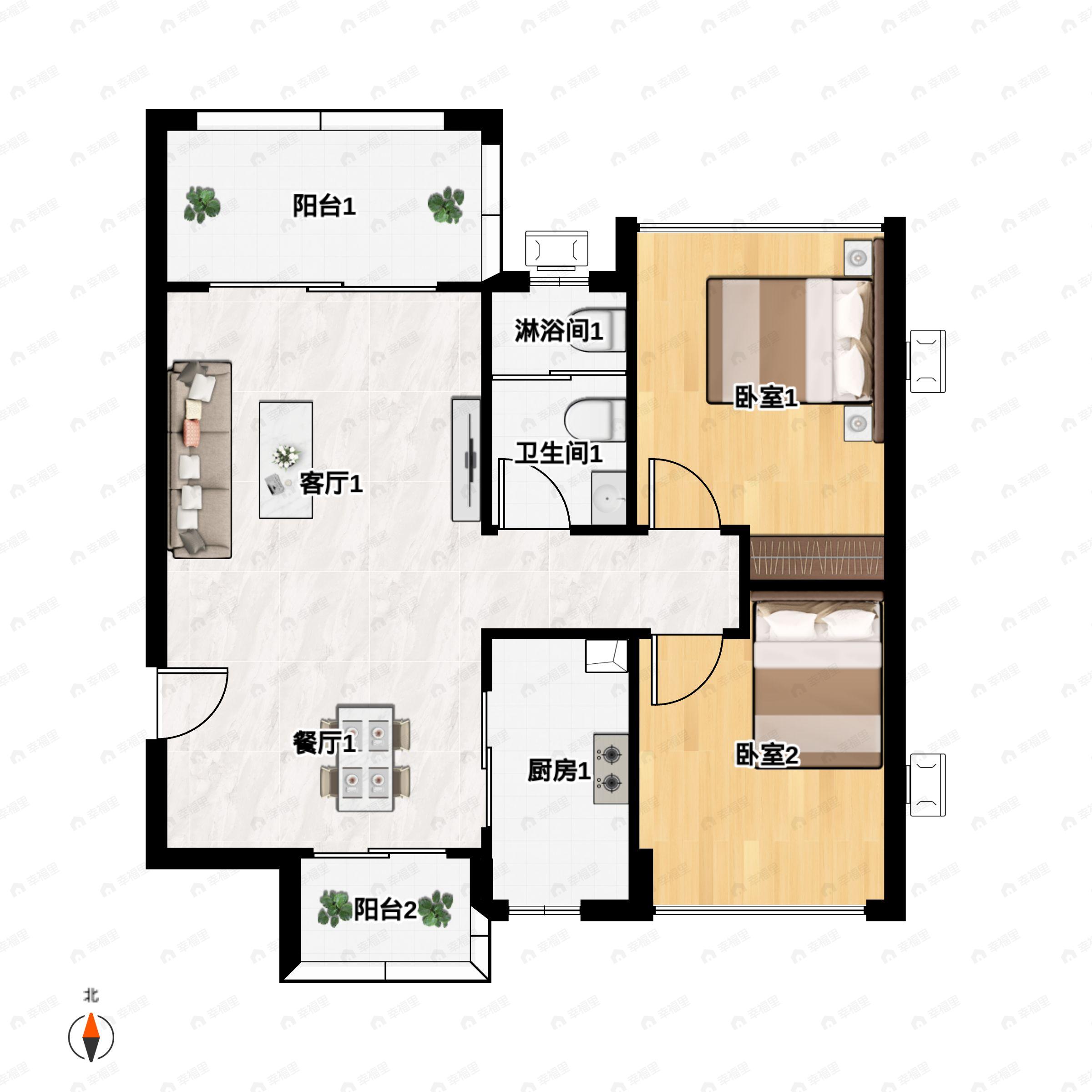 2室2厅1卫建面76m²南|北户型图