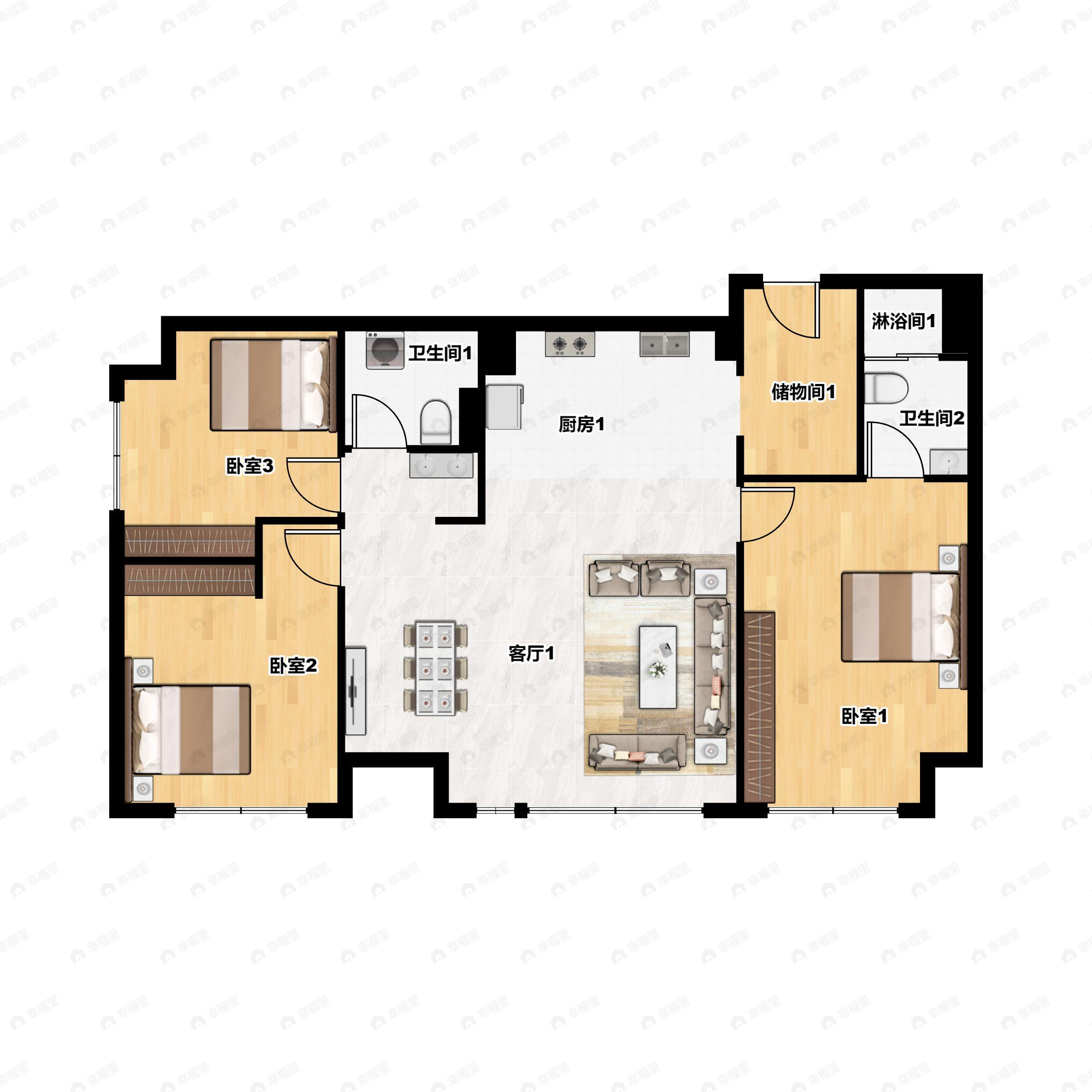 3室2厅2卫建面136平南户型图