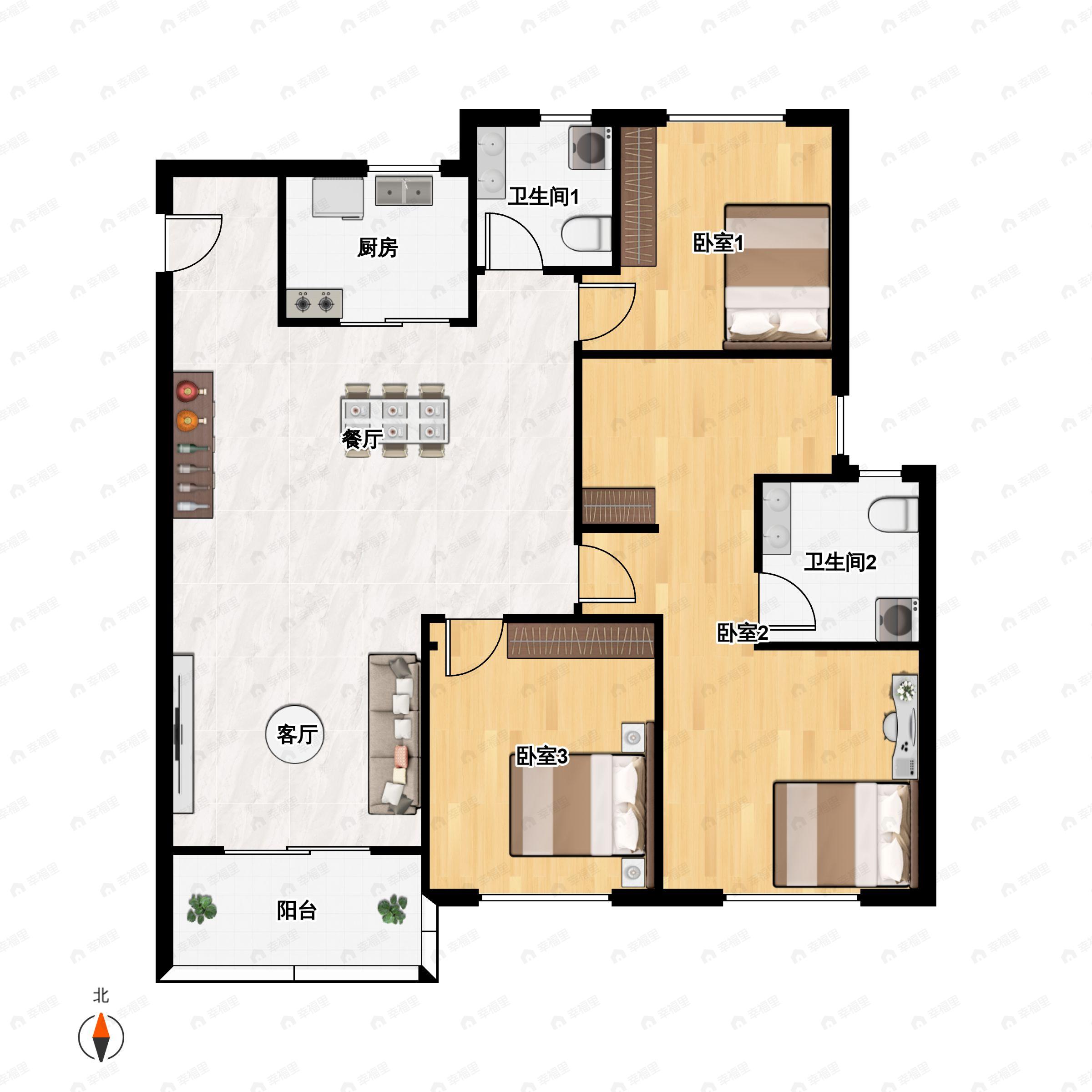 3室2厅2卫建面120平户型图