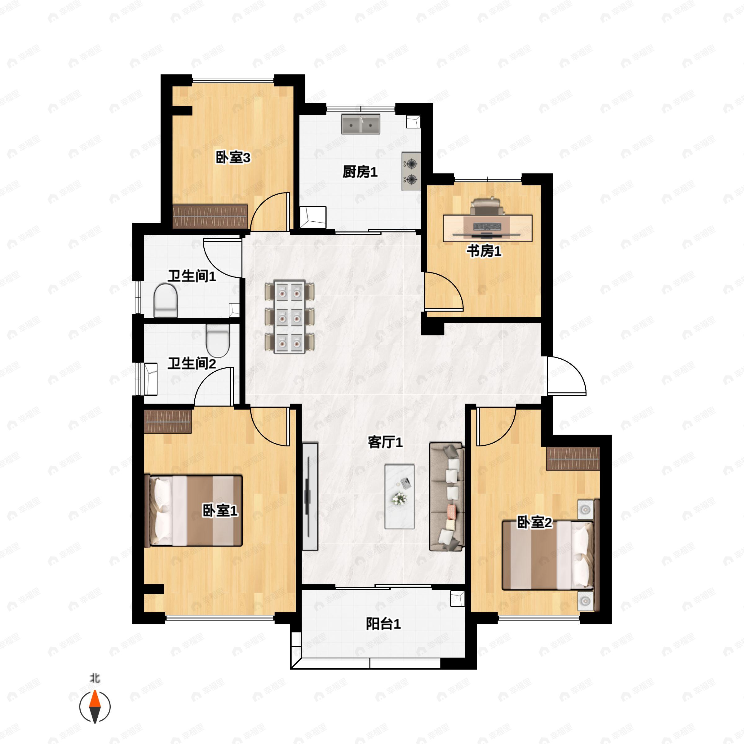 4室2厅2卫建面124平户型图