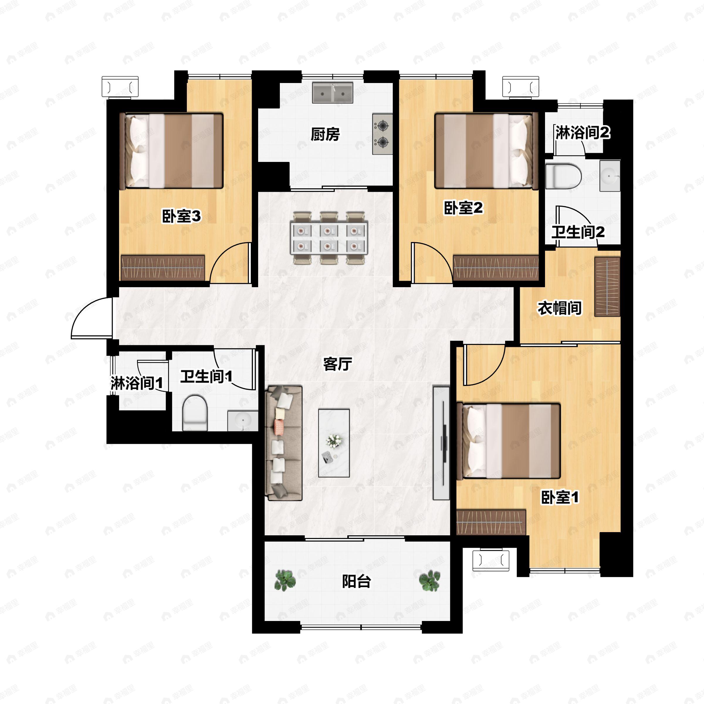 3室2厅2卫建面122平南|北户型图
