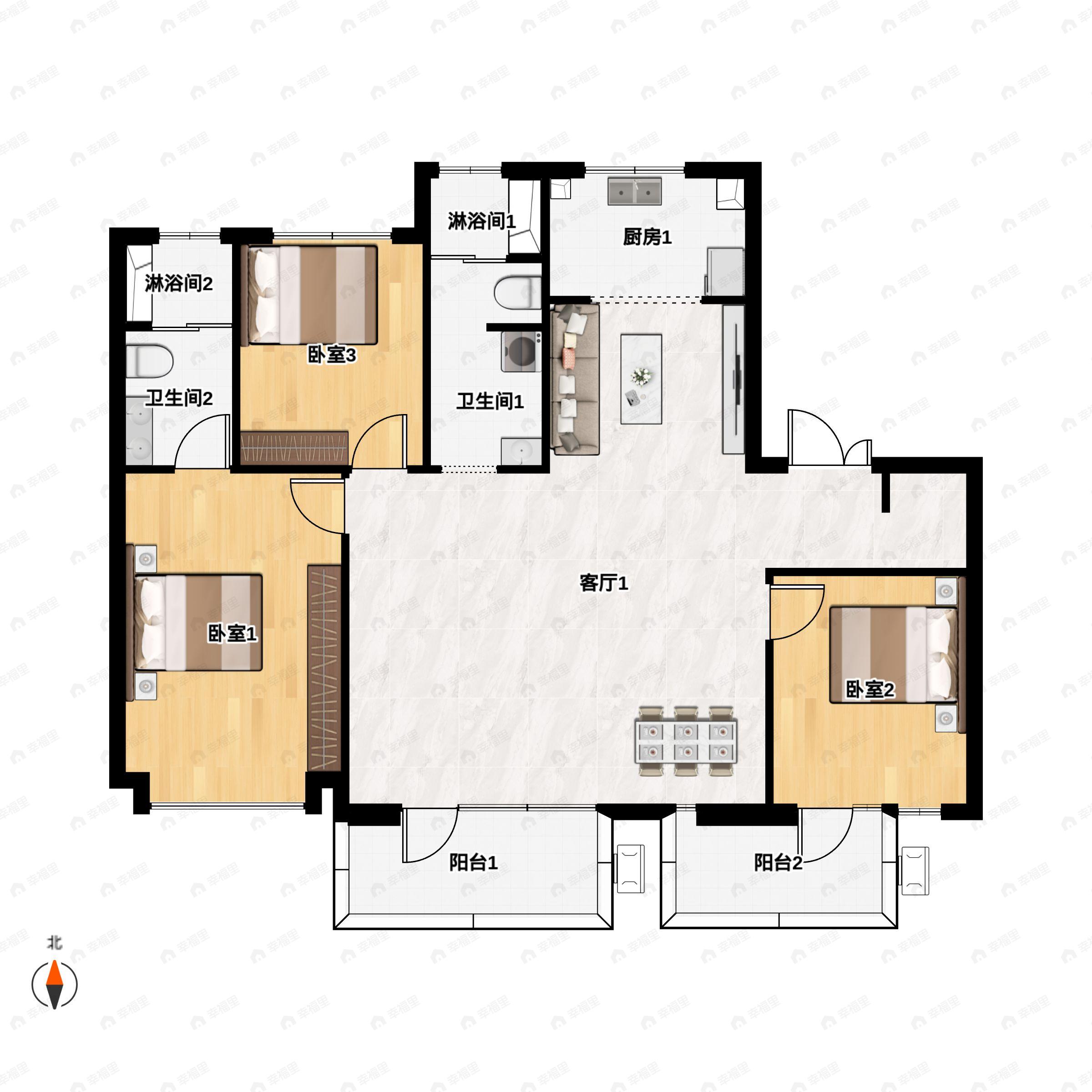 3室2厅2卫建面143m²南户型图