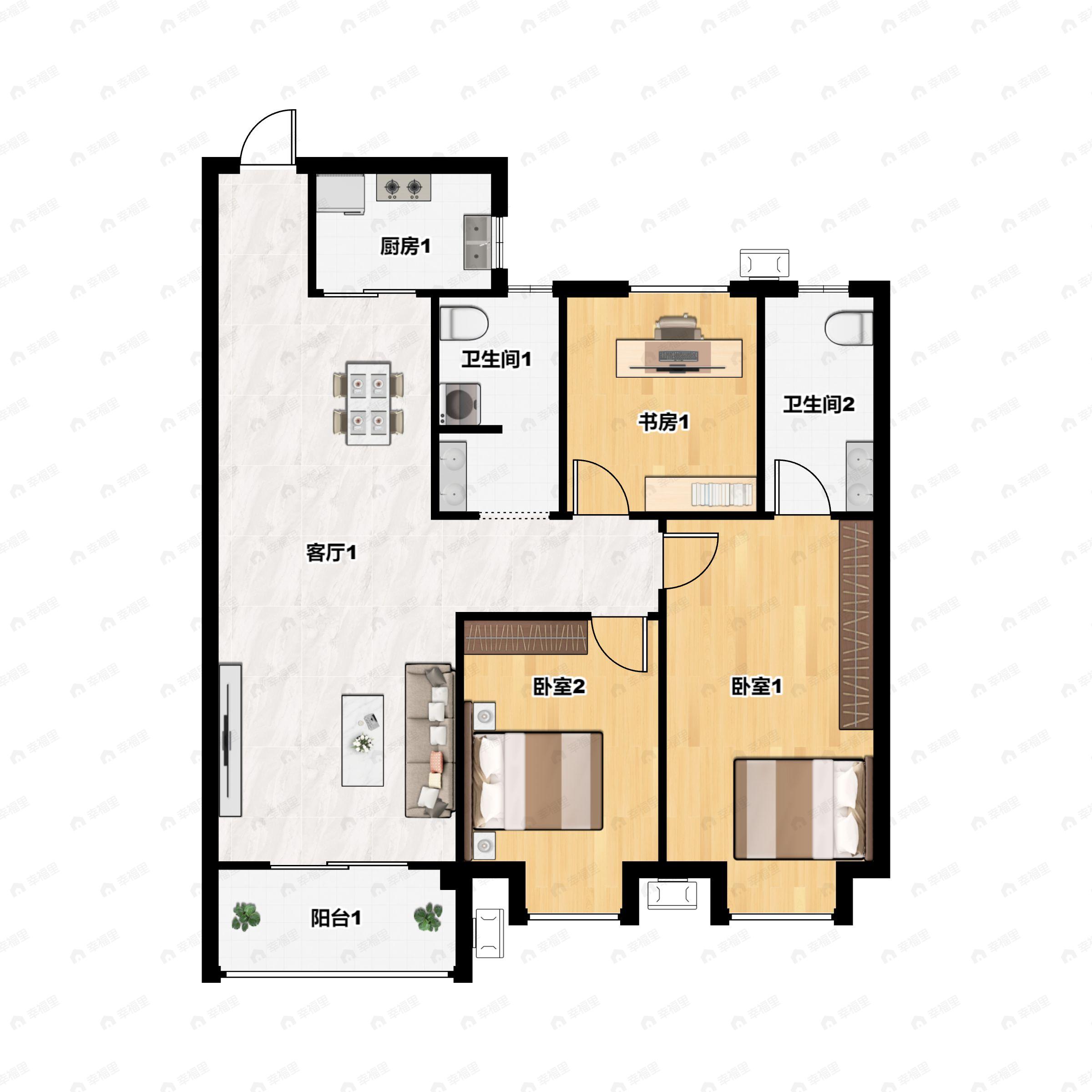 3室2厅2卫建面129m²南户型图