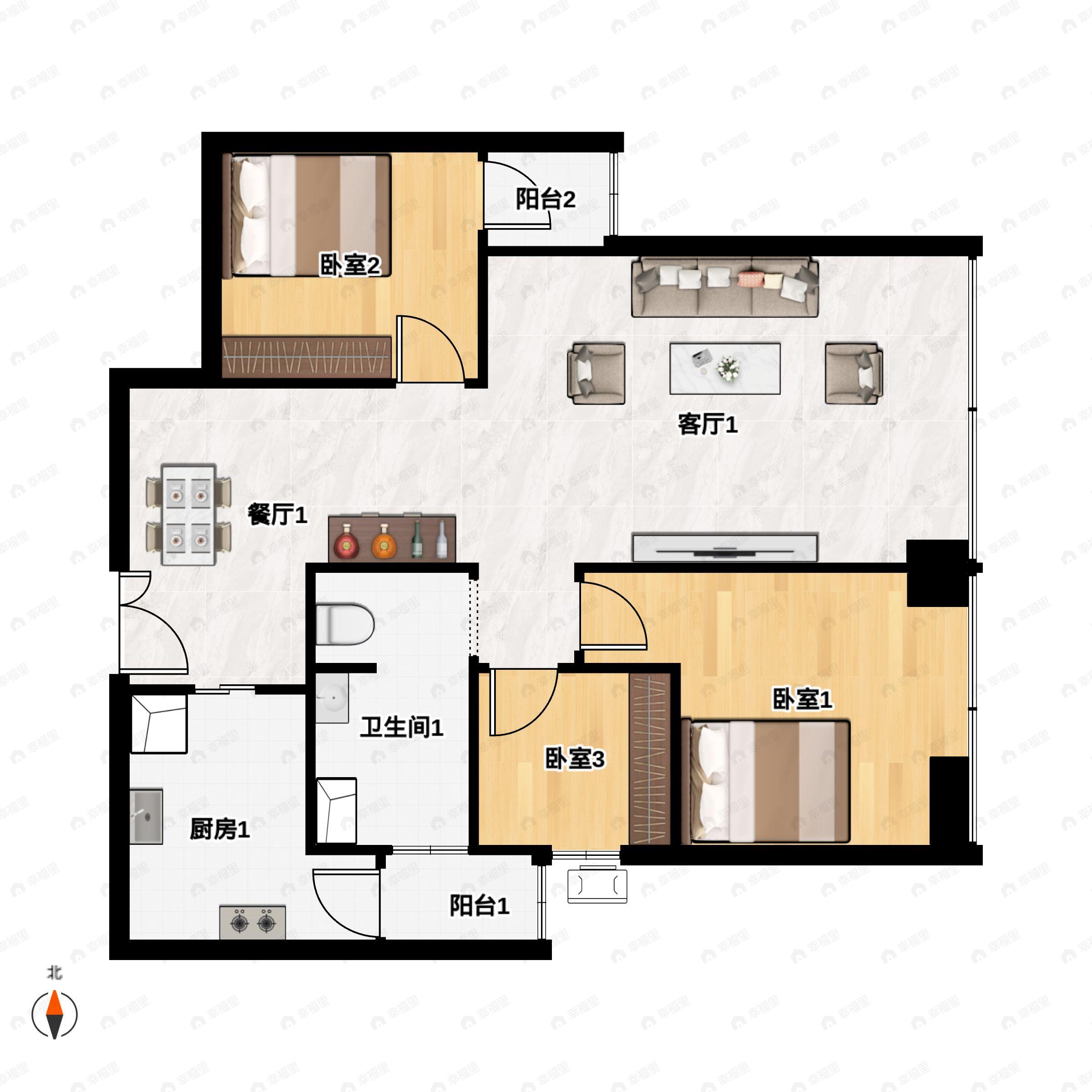 3室2厅1卫建面94平户型图