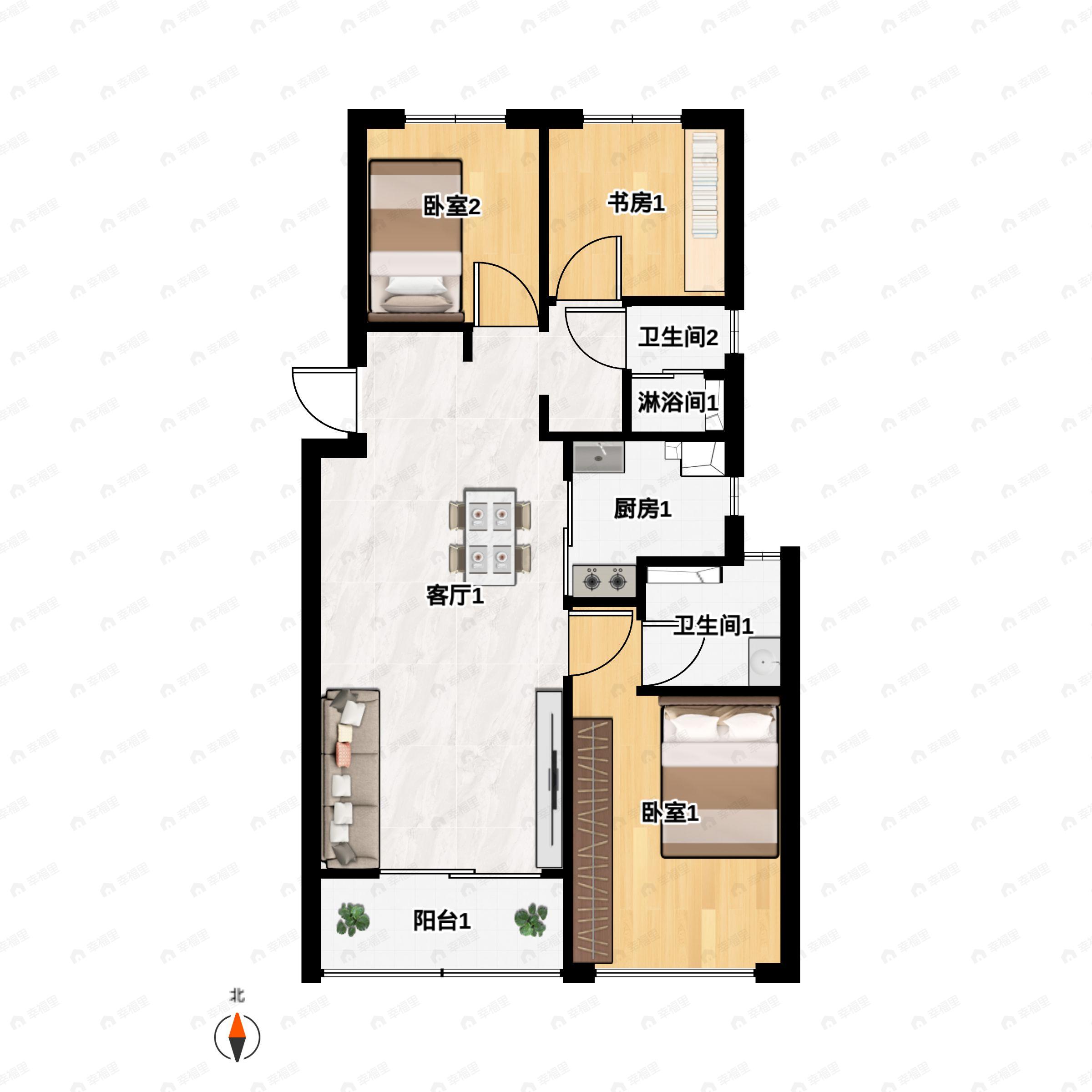 3室2厅2卫建面95m²南户型图