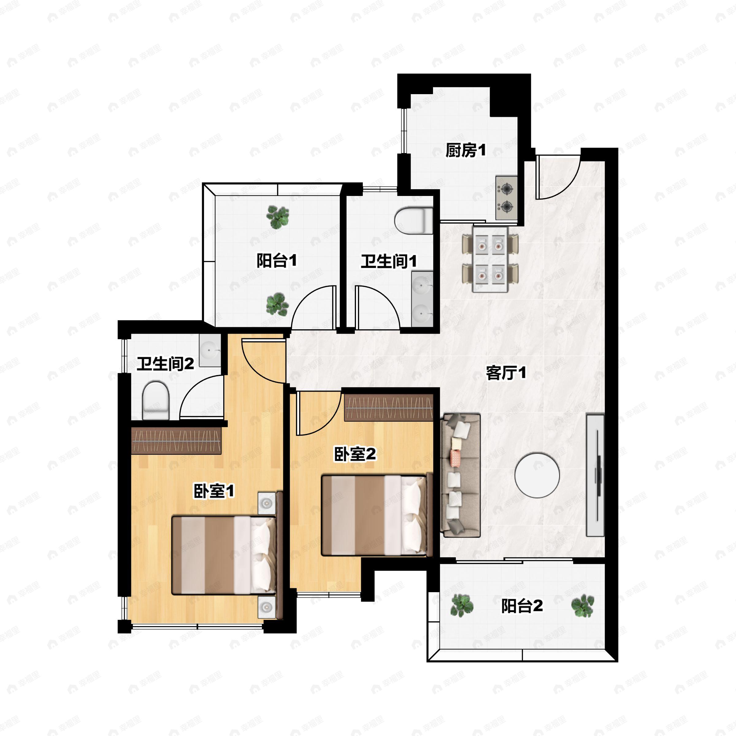 2室2厅2卫建面97平户型图