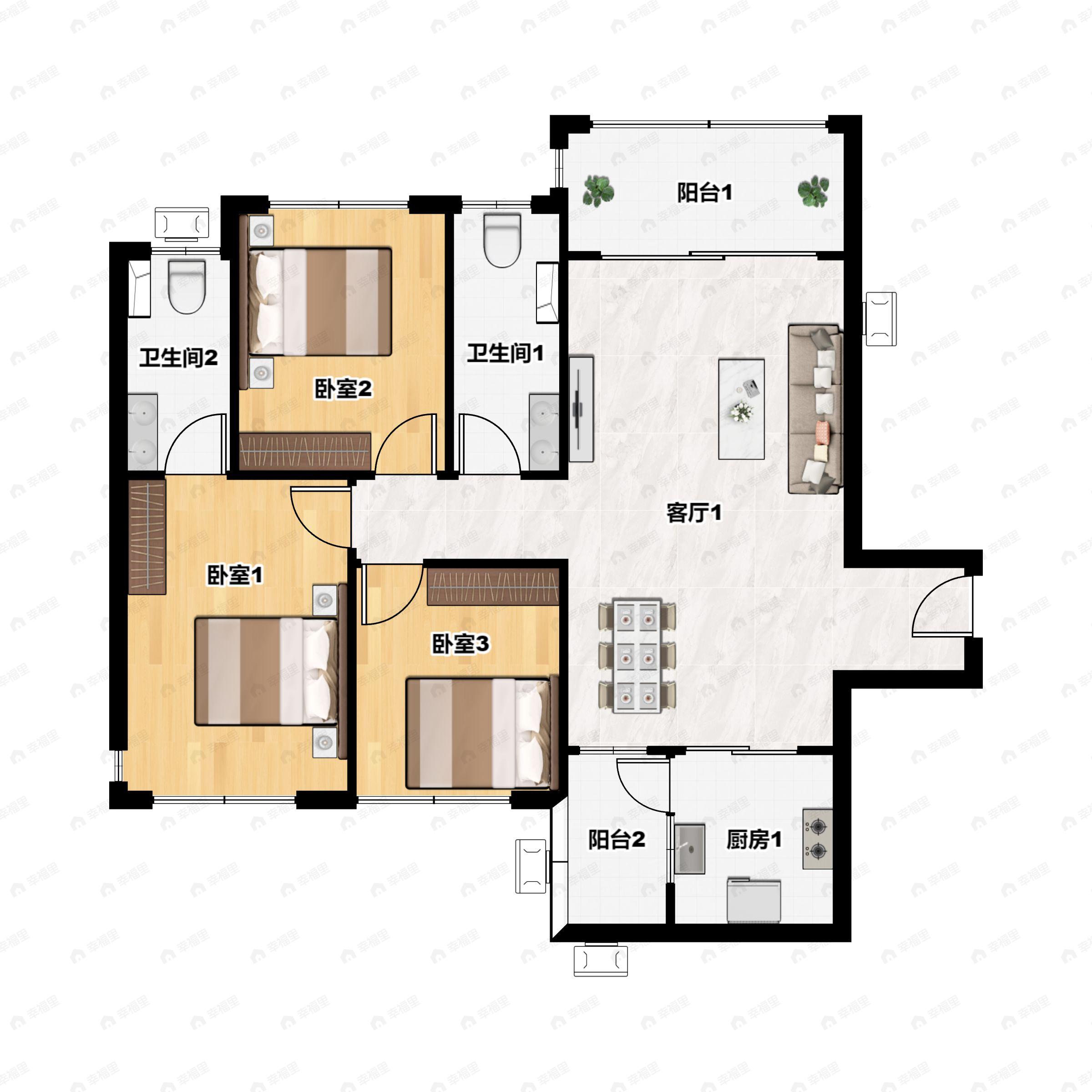 3室2厅2卫建面113平户型图