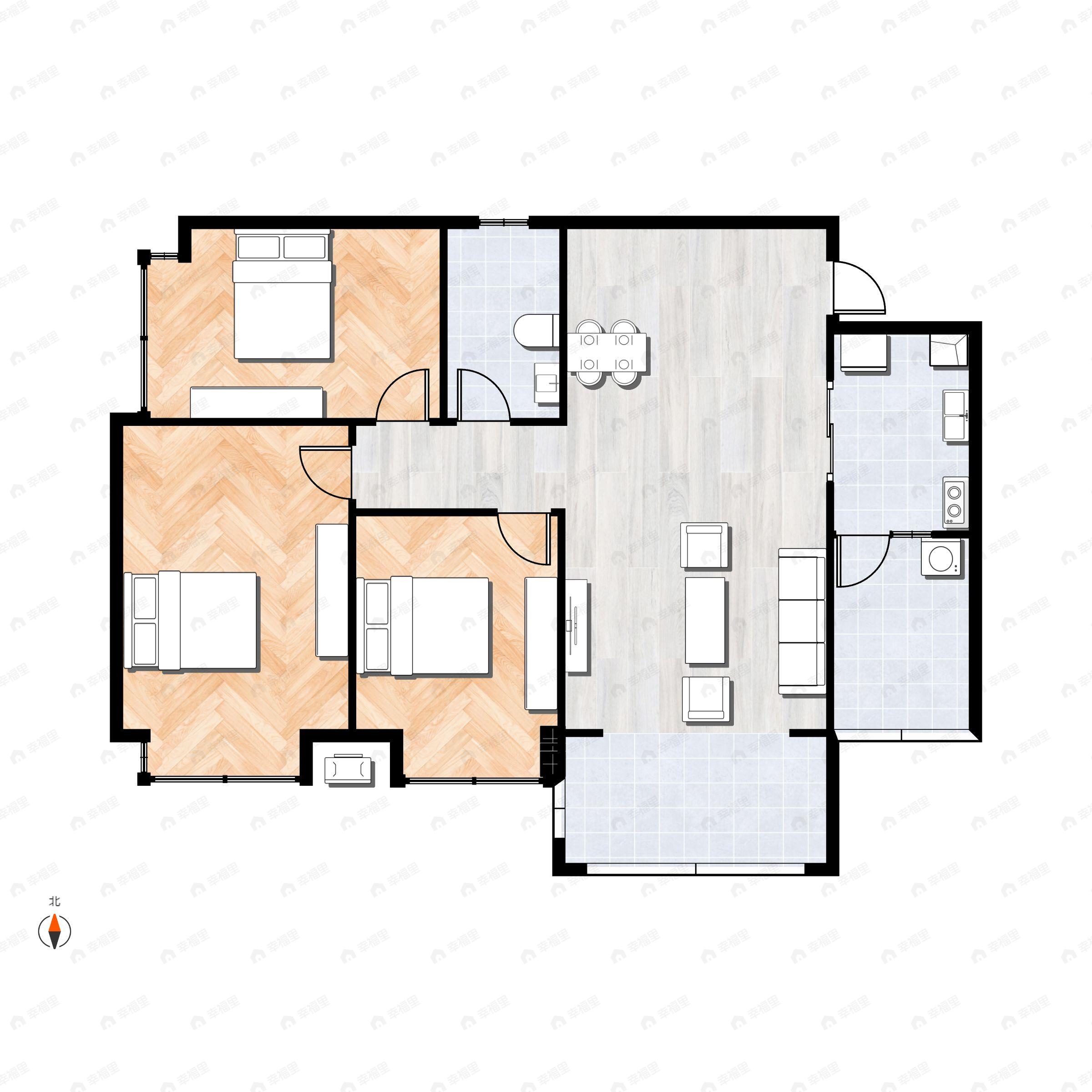 3室2厅1卫建面96平南户型图