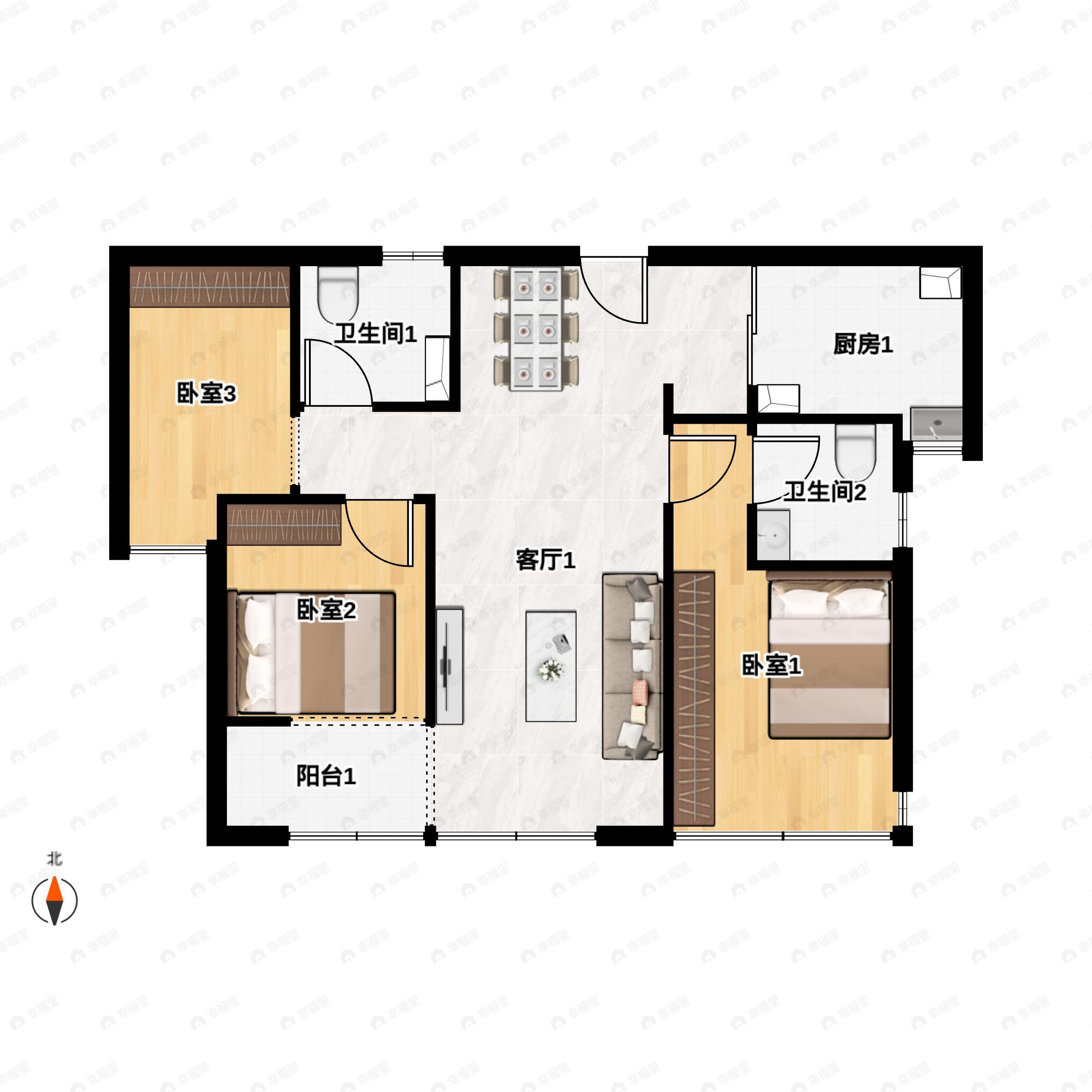 3室2厅2卫建面89平南户型图