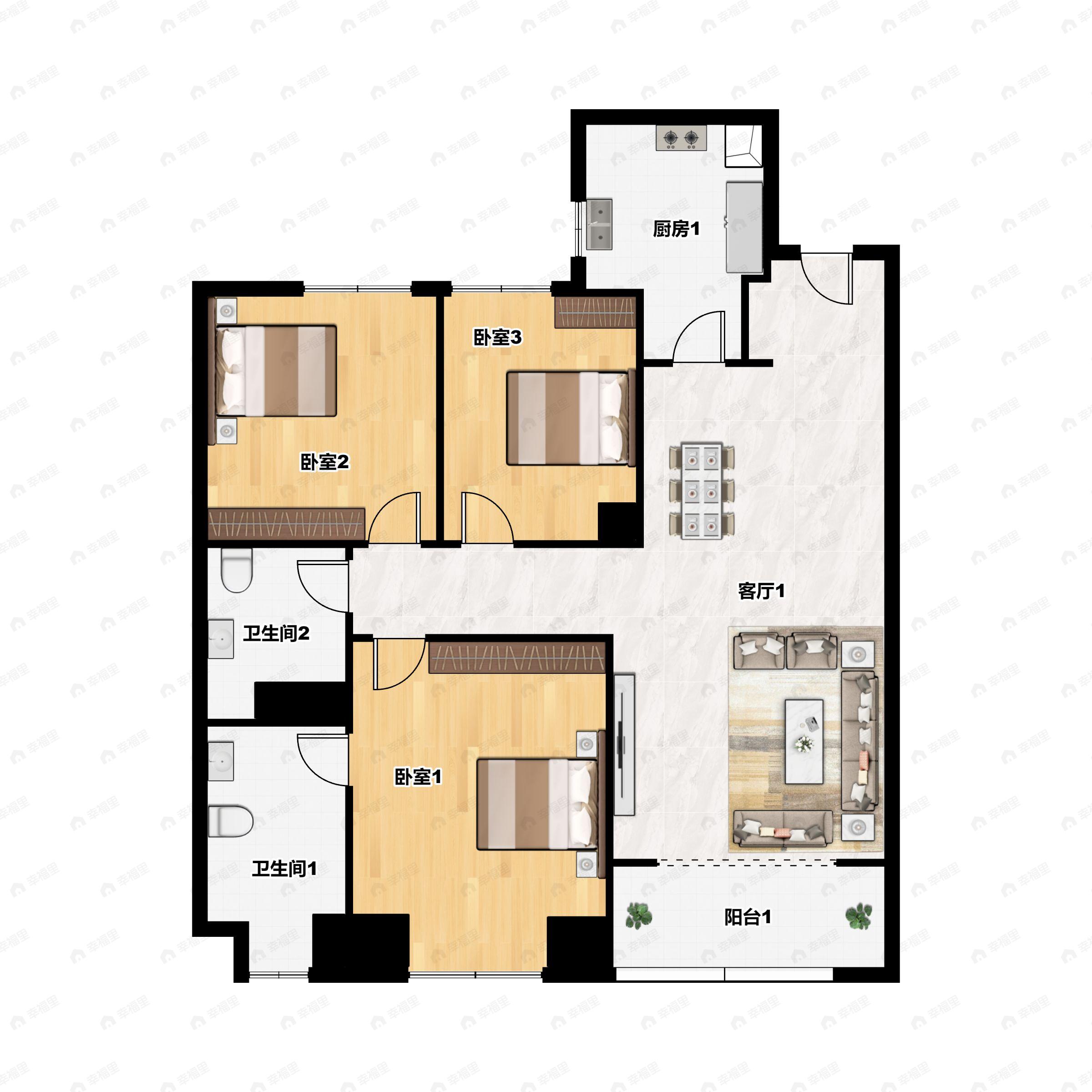 3室2厅2卫建面123m²南|北户型图
