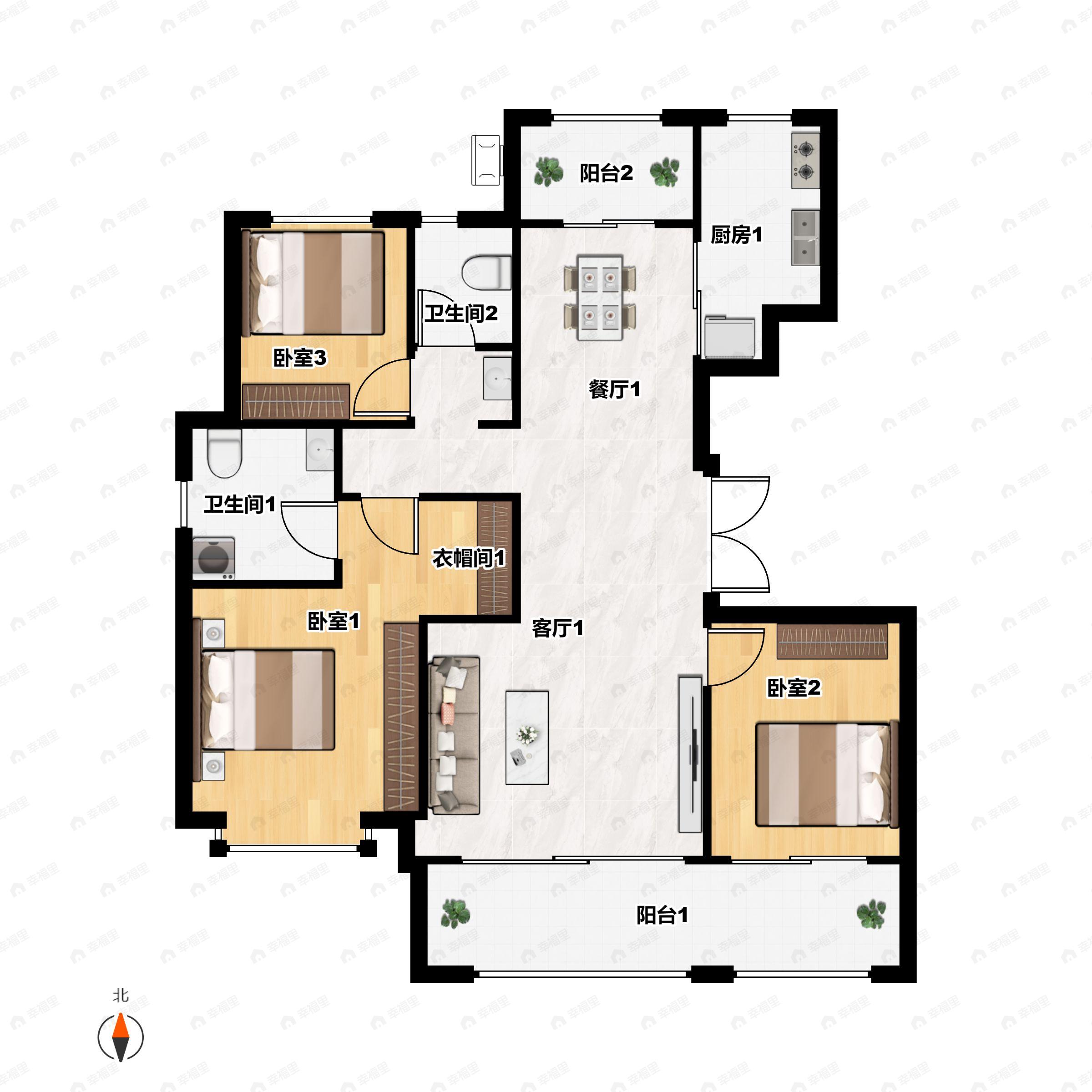 3室2厅2卫建面142m²南户型图