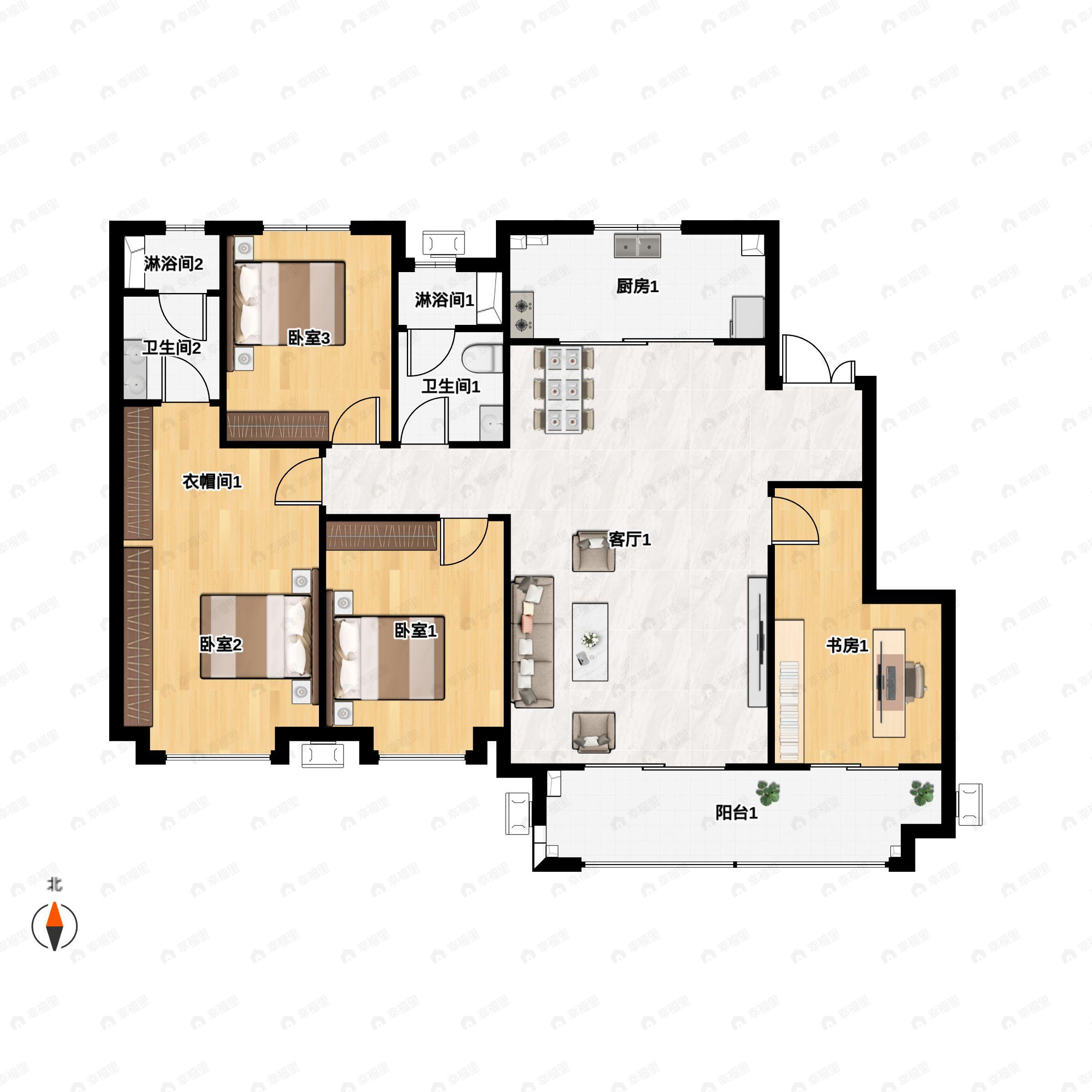 4室2厅2卫建面139平北|南户型图