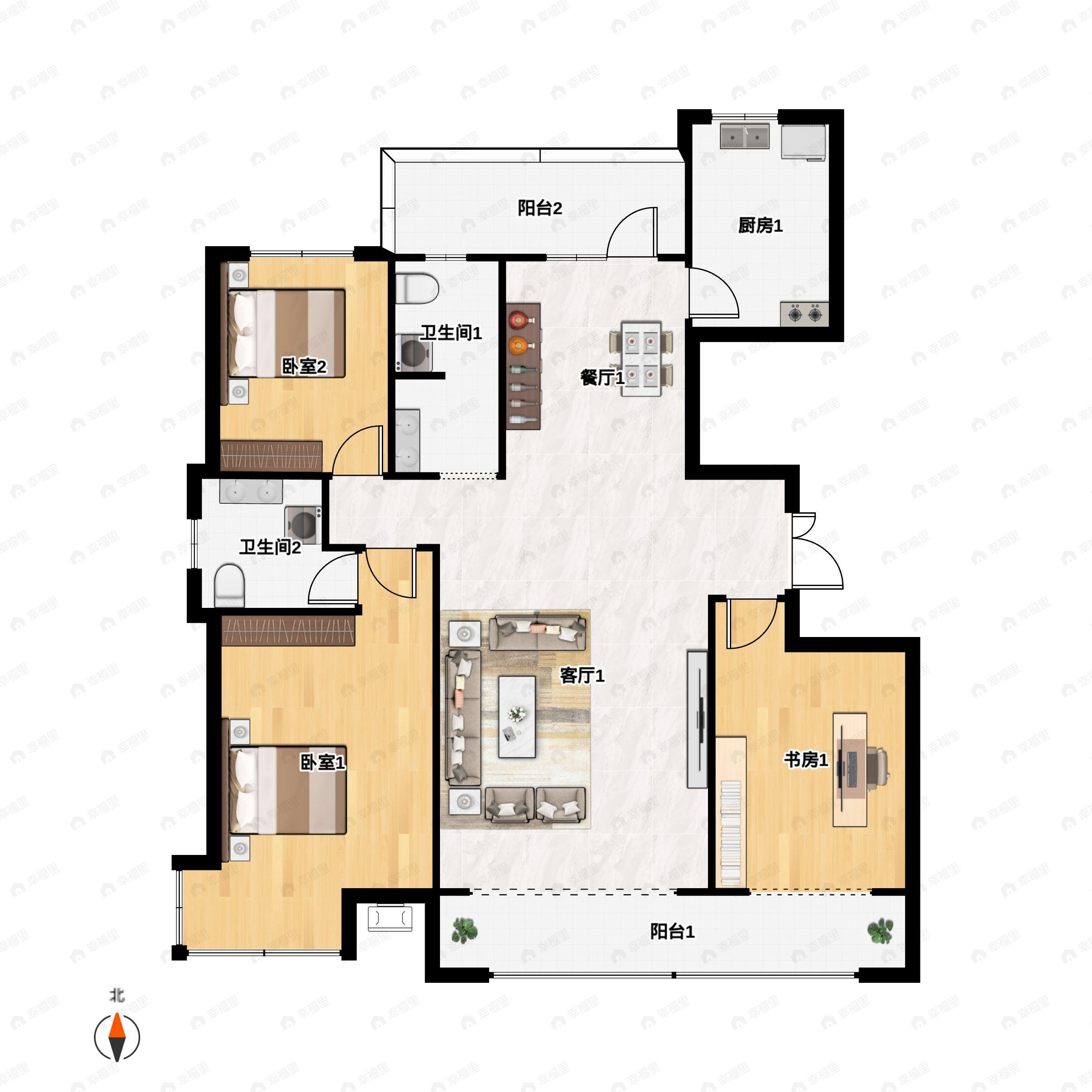 3室2厅2卫建面131m²北|南户型图