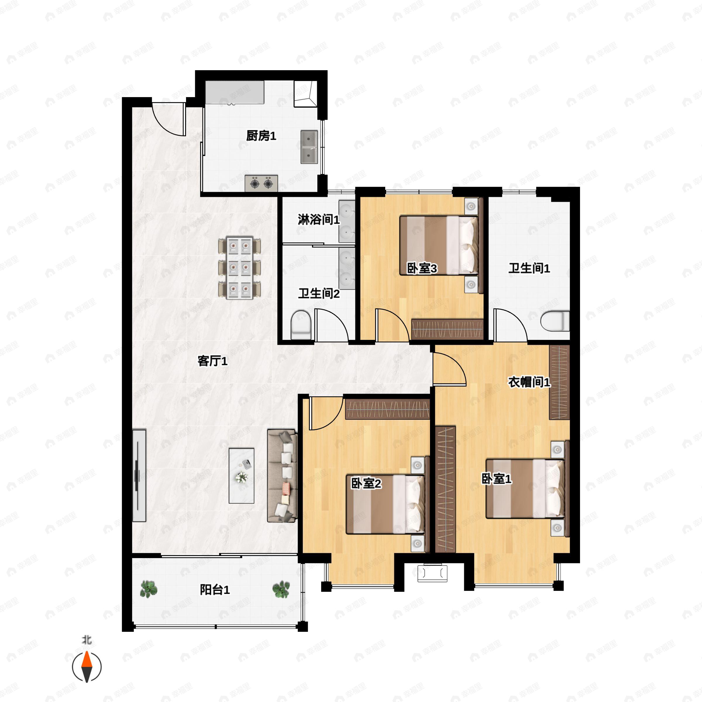 3室2厅2卫建面127平户型图