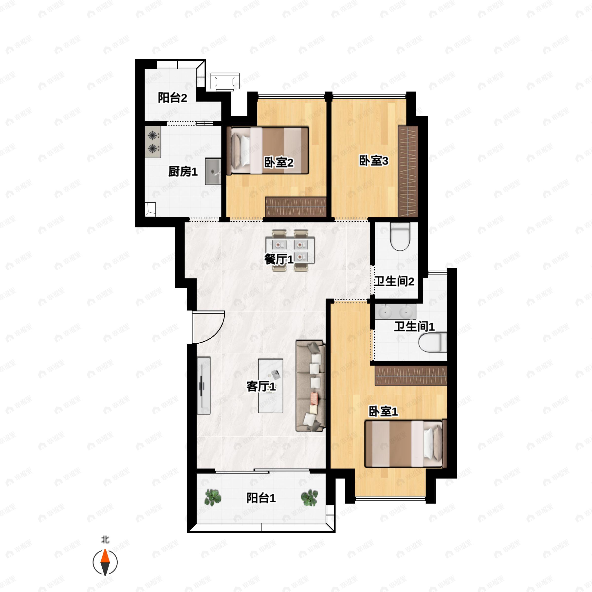 3室2厅2卫建面91m²南户型图