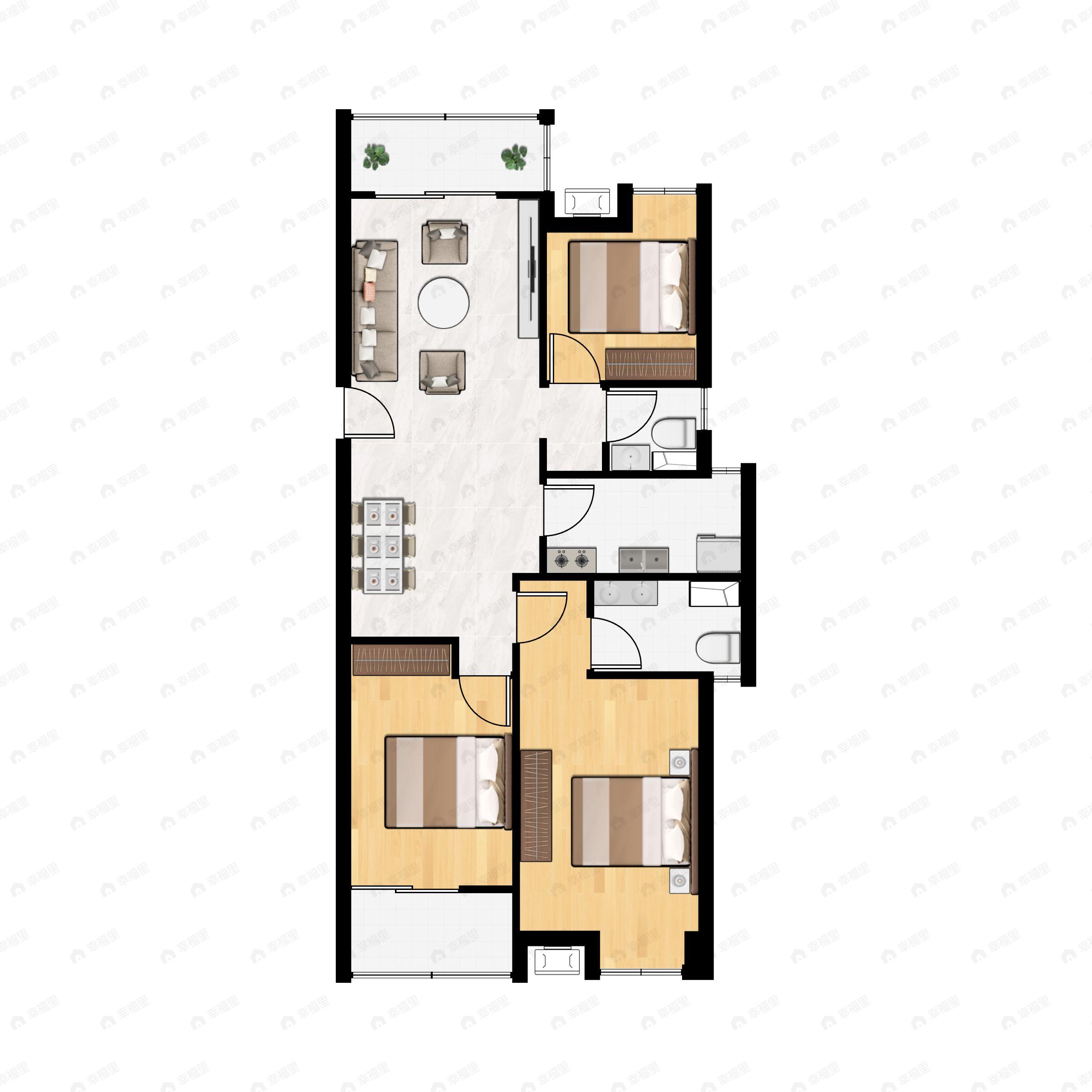 3室2厅2卫建面111平北|南户型图