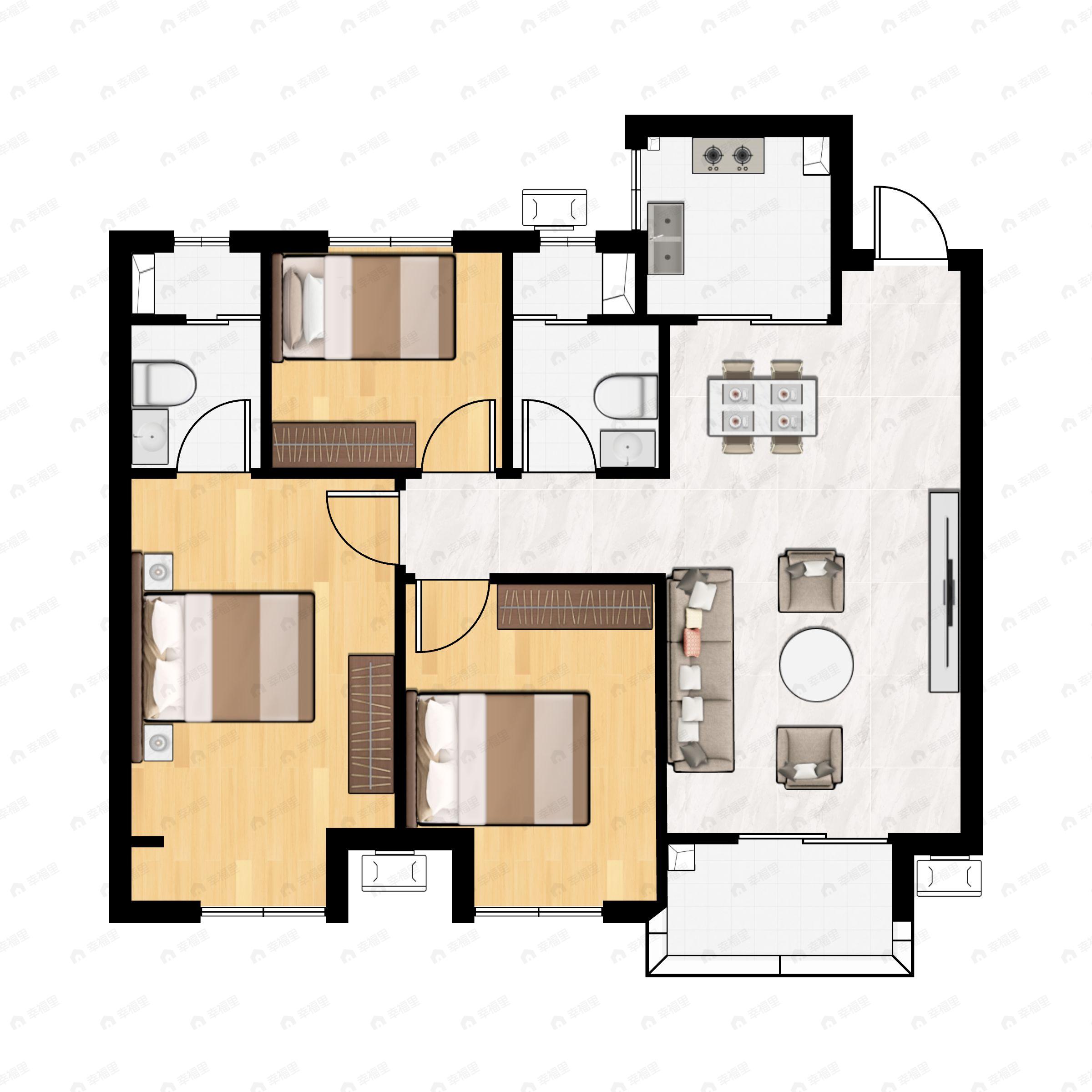 3室2厅2卫建面100平户型图