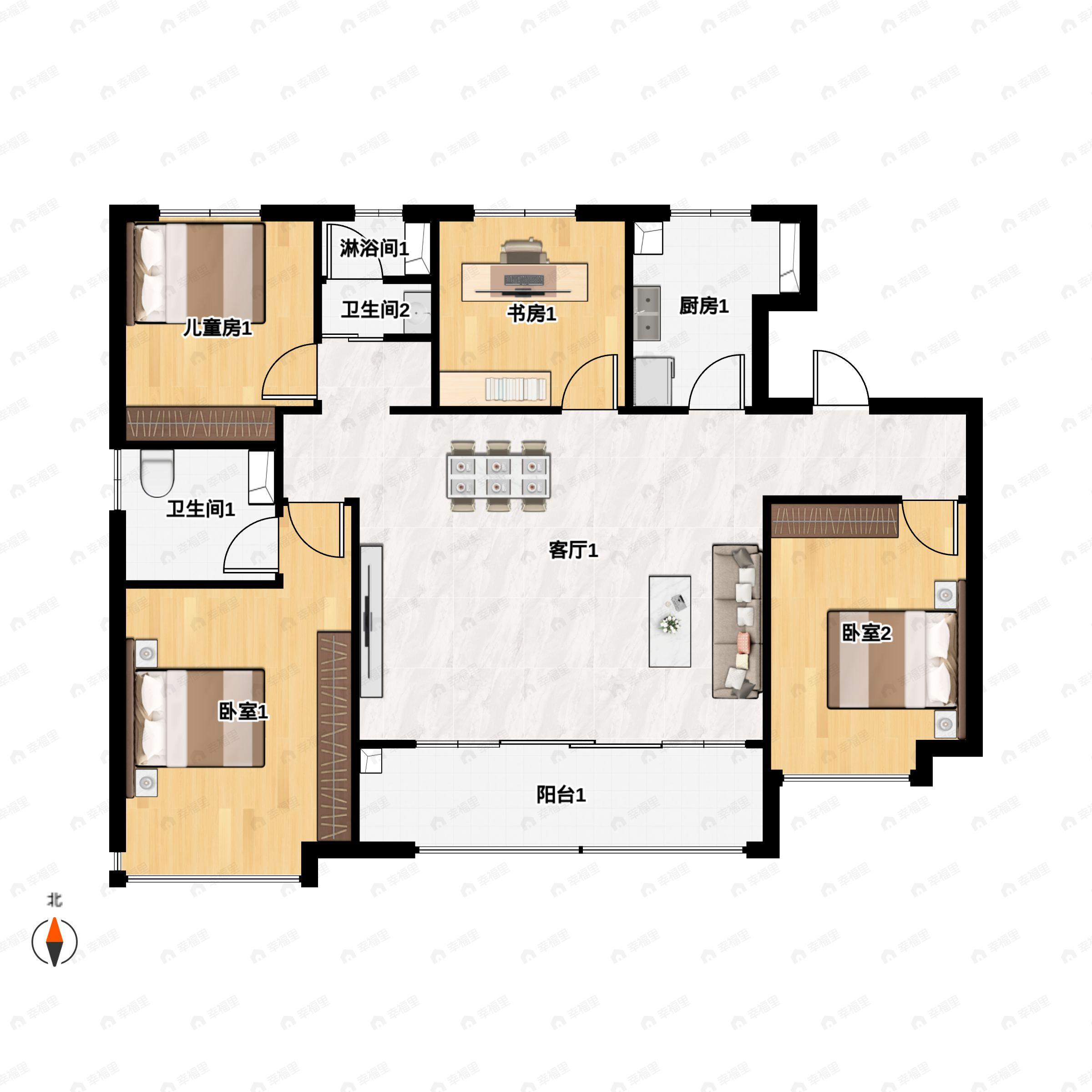 3室2厅2卫建面124平户型图