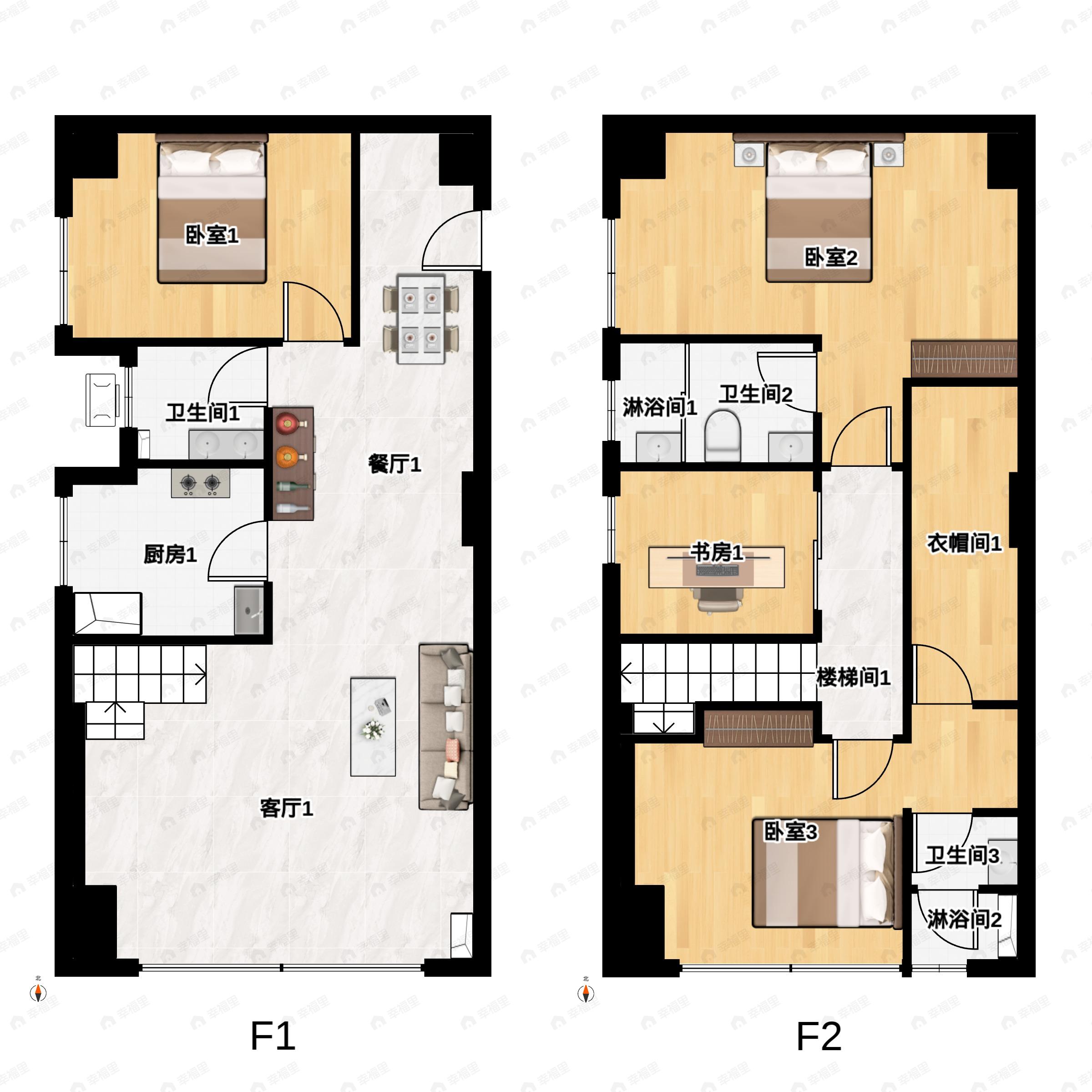 4室2厅3卫建面94平北|南户型图
