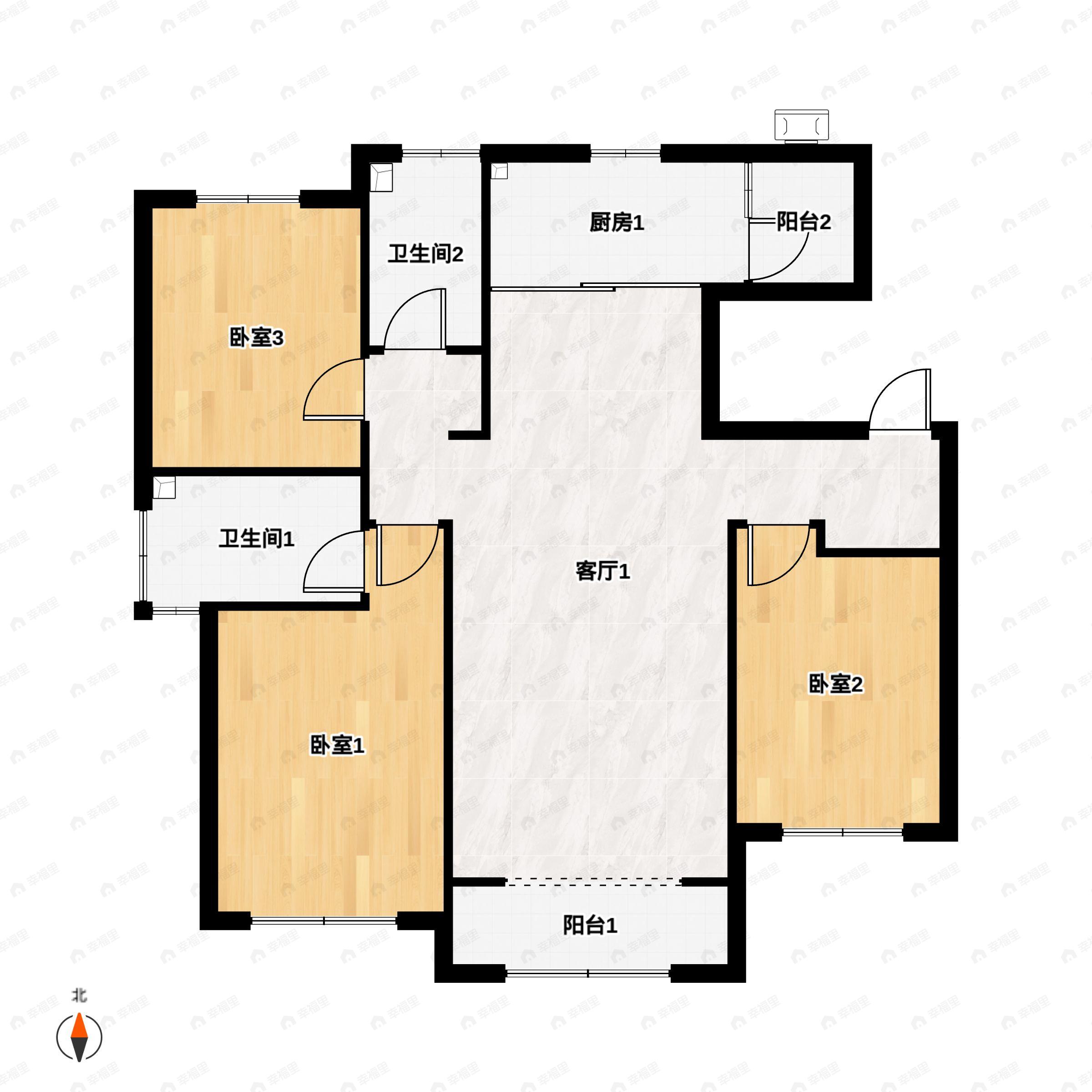 3室2厅2卫建面143m²南|北户型图