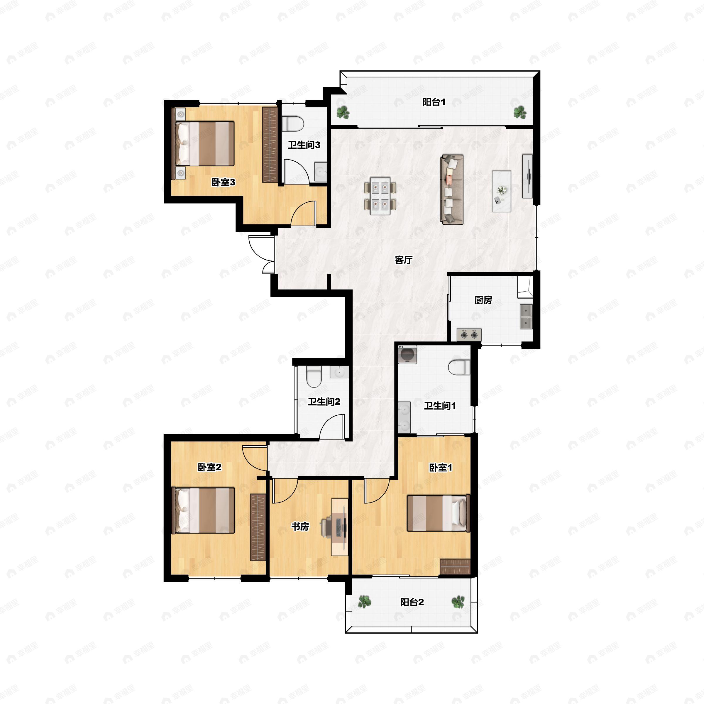 4室2厅3卫建面203平南|北户型图