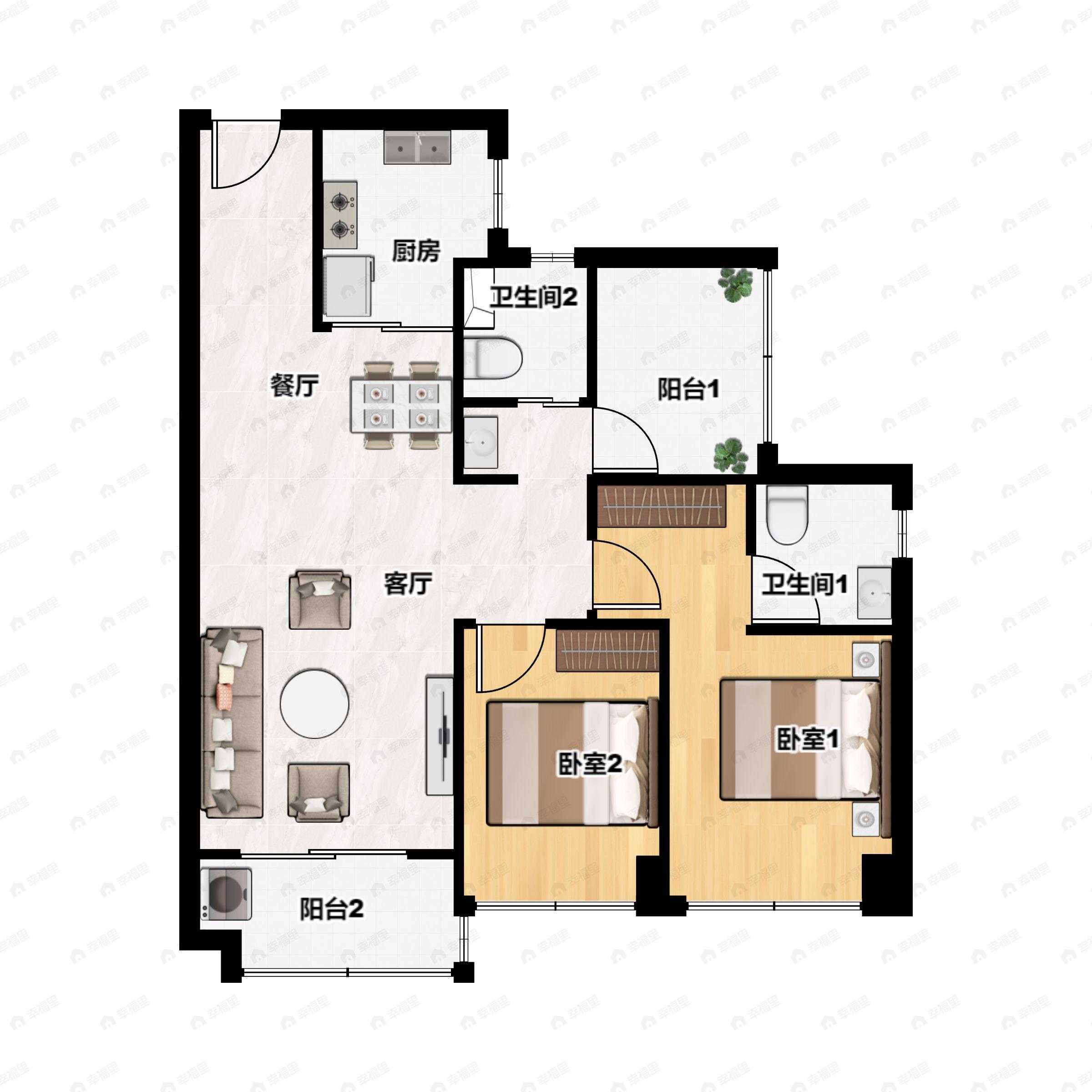 2室2厅2卫建面89m²南户型图