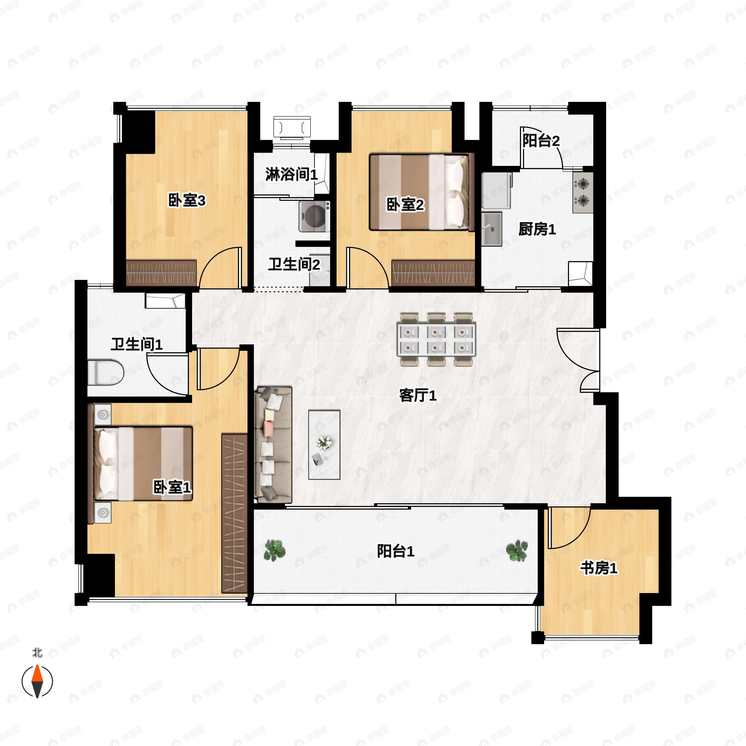 4室2厅2卫建面105平南户型图