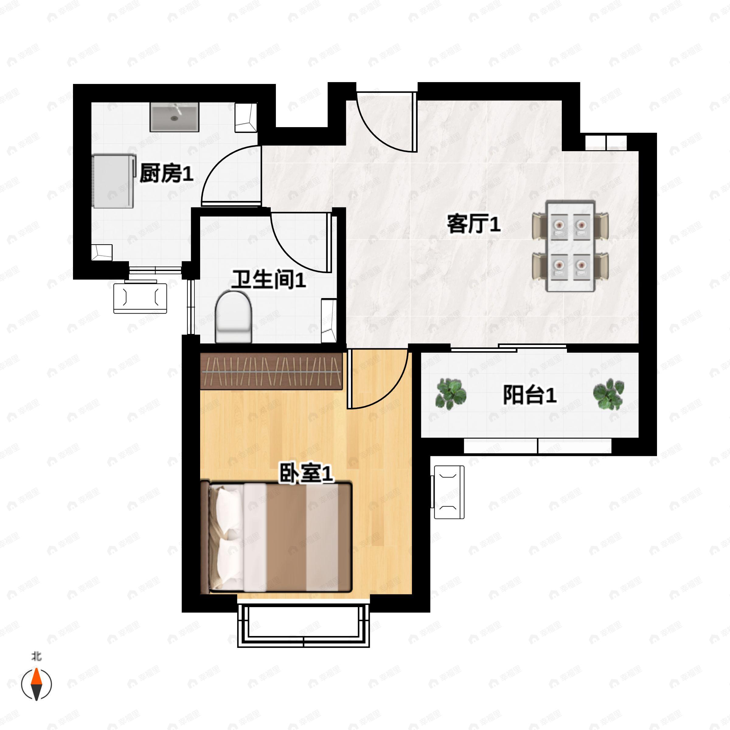1室1厅1卫建面62平户型图
