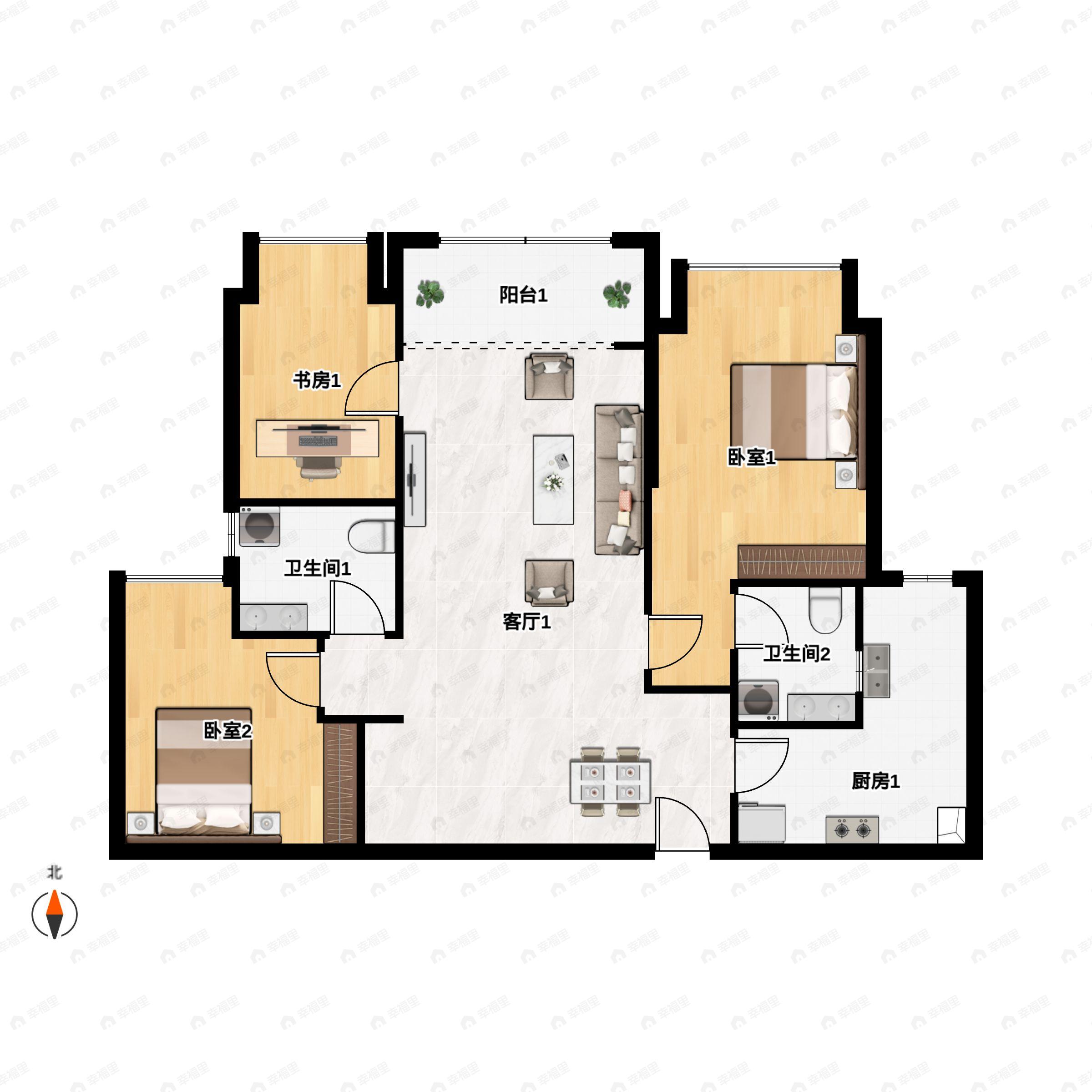 3室2厅2卫建面95平北|南户型图