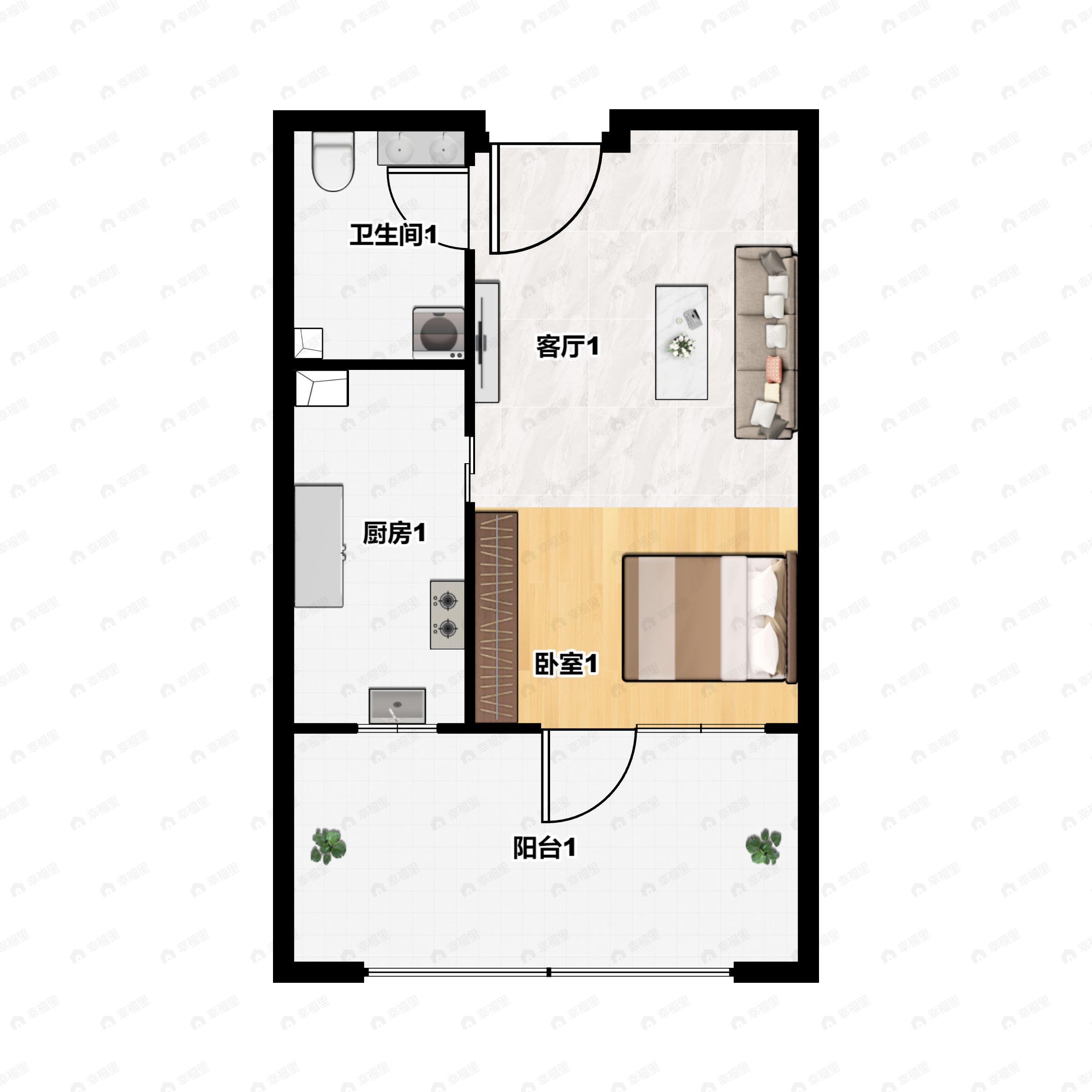 1室1厅1卫建面49平南户型图