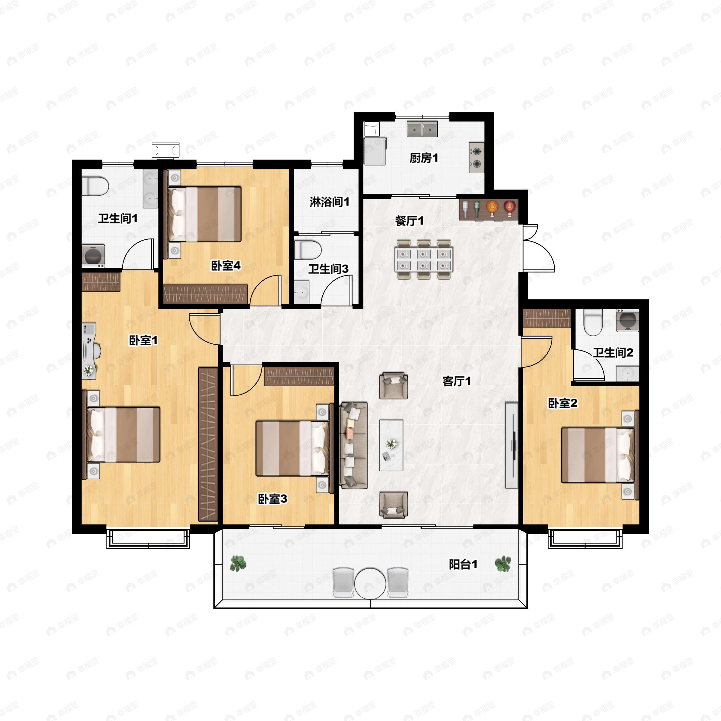 4室2厅3卫建面168平南户型图