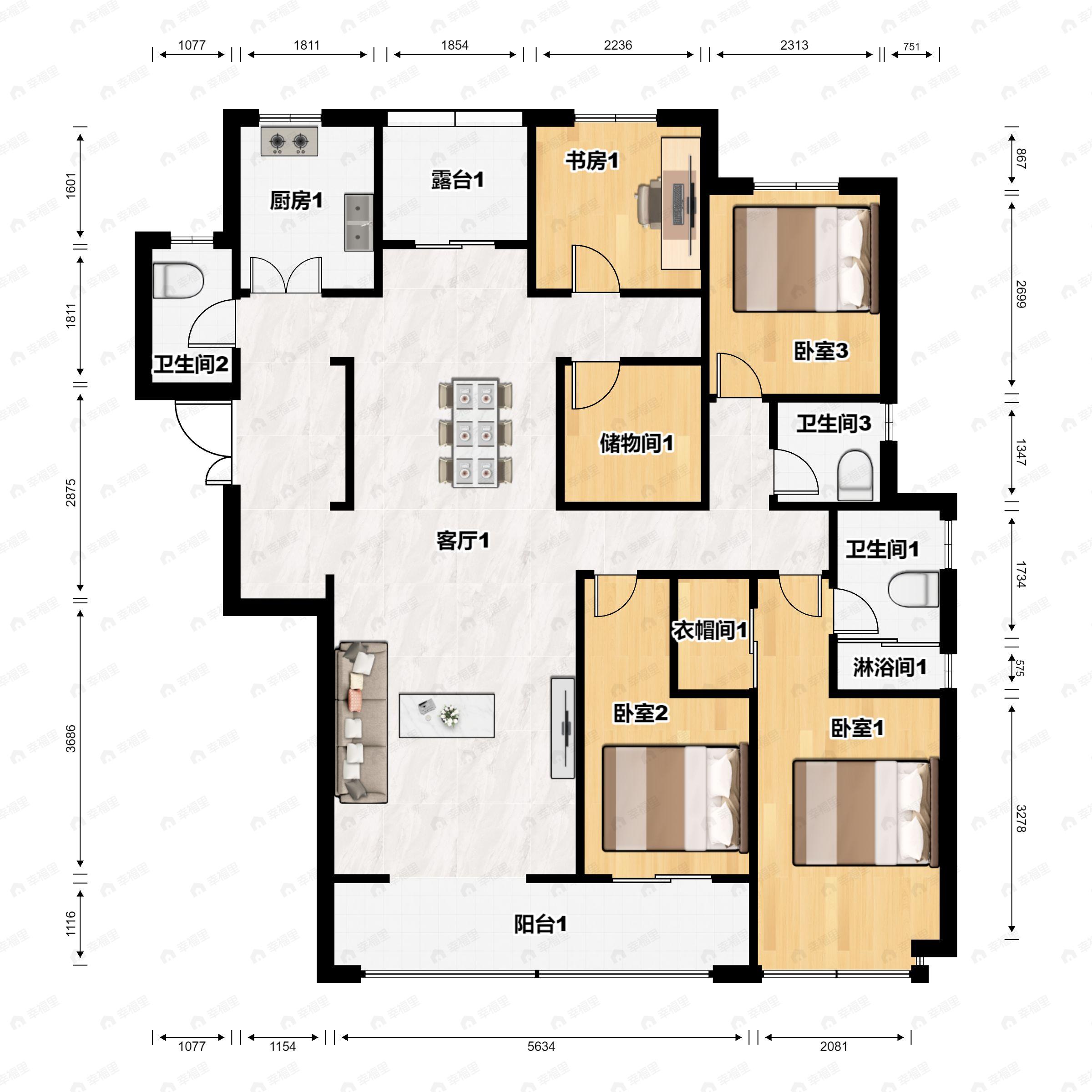 泽龙阳光国际B区5室2厅3卫户型图
