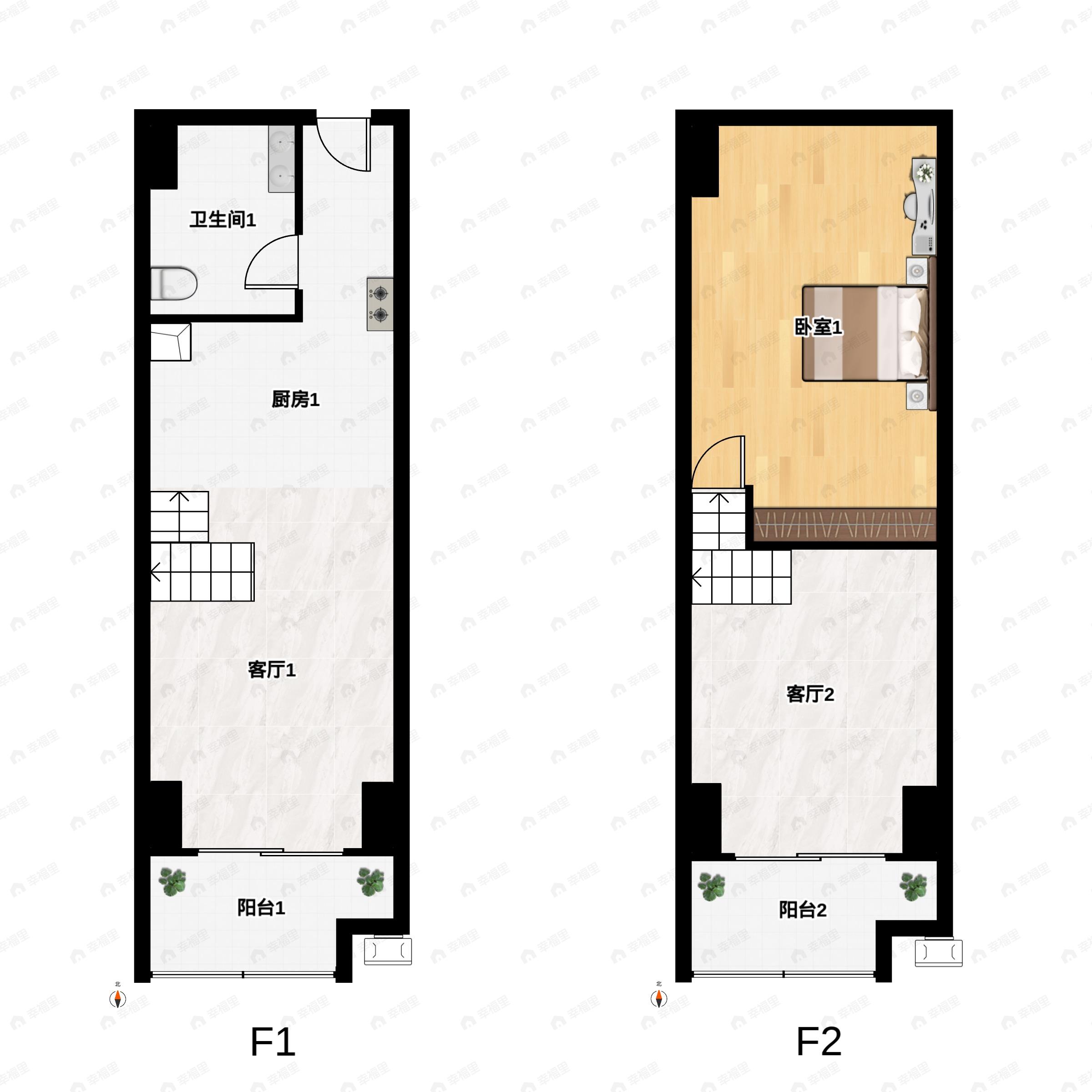 1室2厅1卫建面45m²南户型图