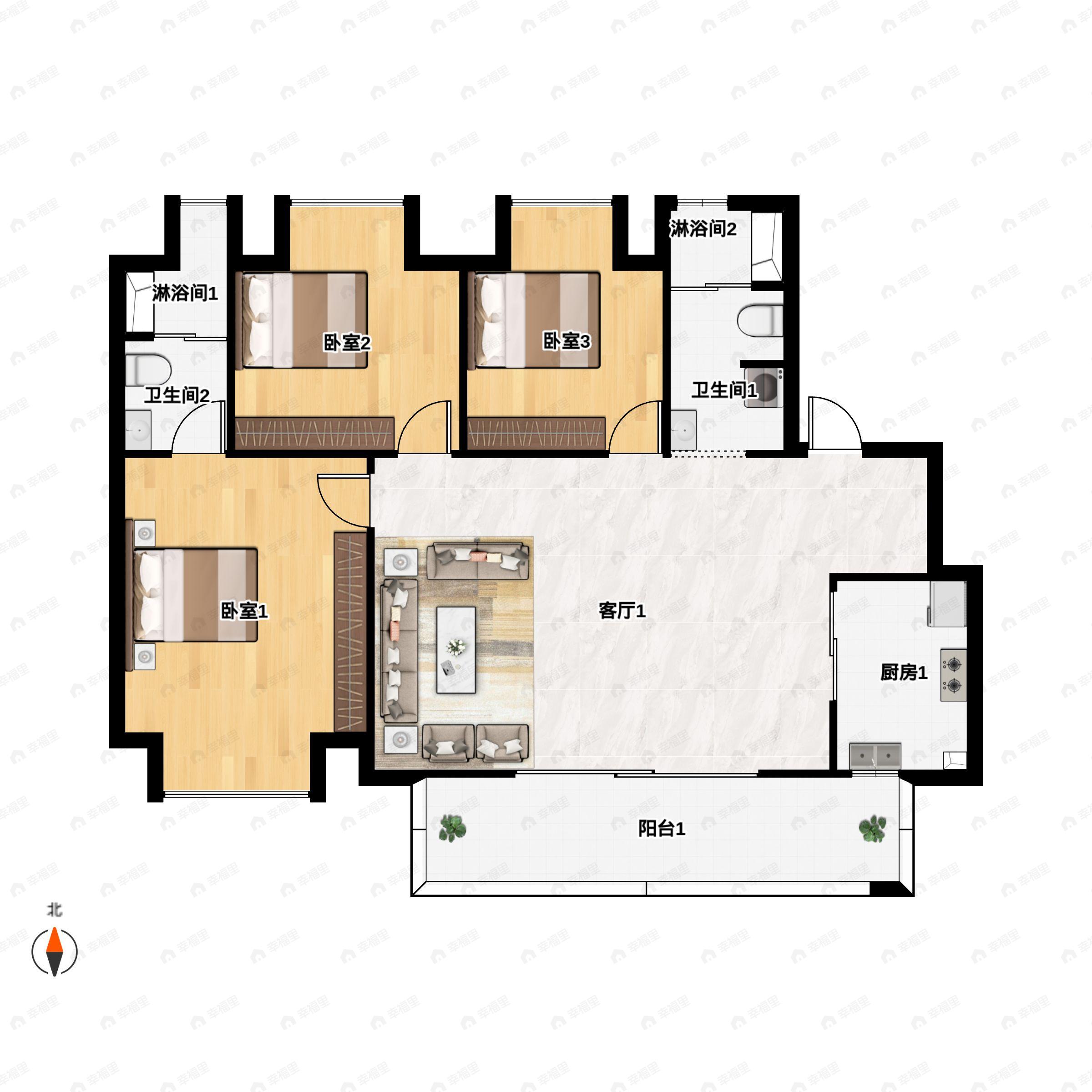 3室2厅2卫建面99m²南户型图